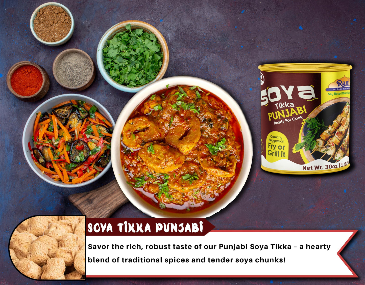Rani Soya Tikka Punjabi 30Oz (1.875Lbs) 850G, Pack Of 6, Ready For Cook ~ Easy Open Lid | All Natural | Vegan | No Colors | Non-