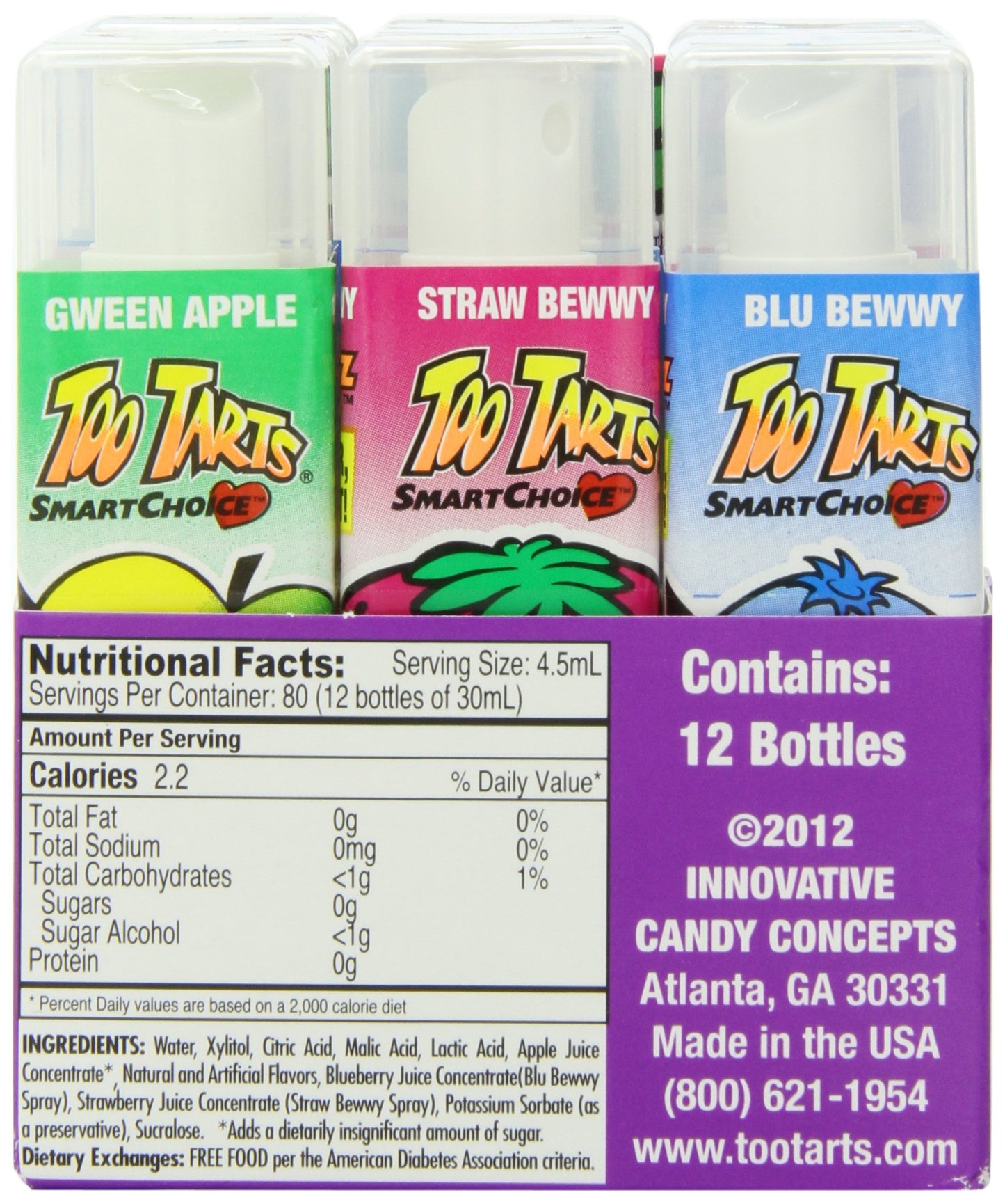 Too Tarts Sugar Free Sour Candy Spray Bottle Blueberry Green Apple Strawberry Assortment (Pack Of 12) By Too Tarts