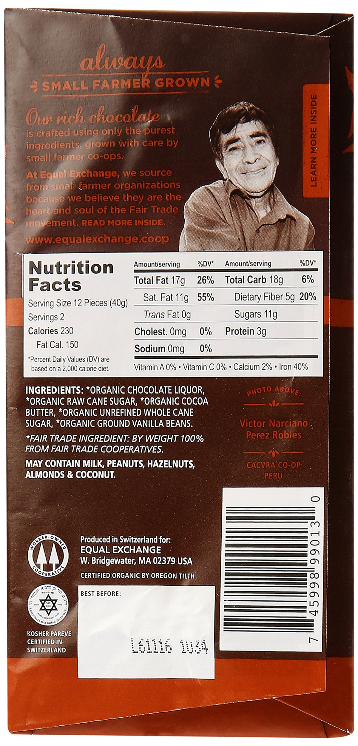 Equal Exchange Organic Chocolate Bar, Very Dark, 12 Count