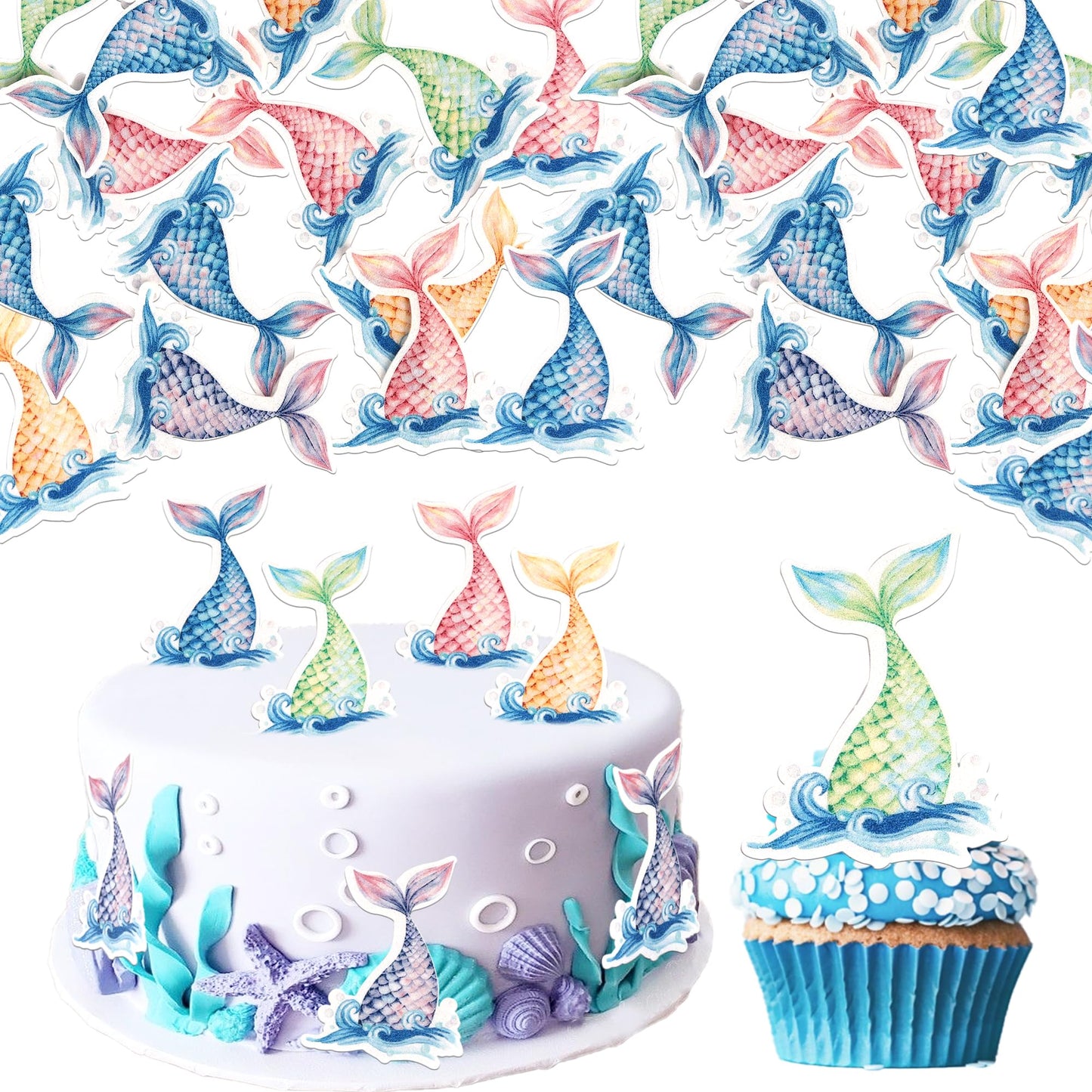 ZHUOWEISM Edible Mermaid Tail Cupcake Toppers 60 PCS Under the Sea Decorations Design 3
