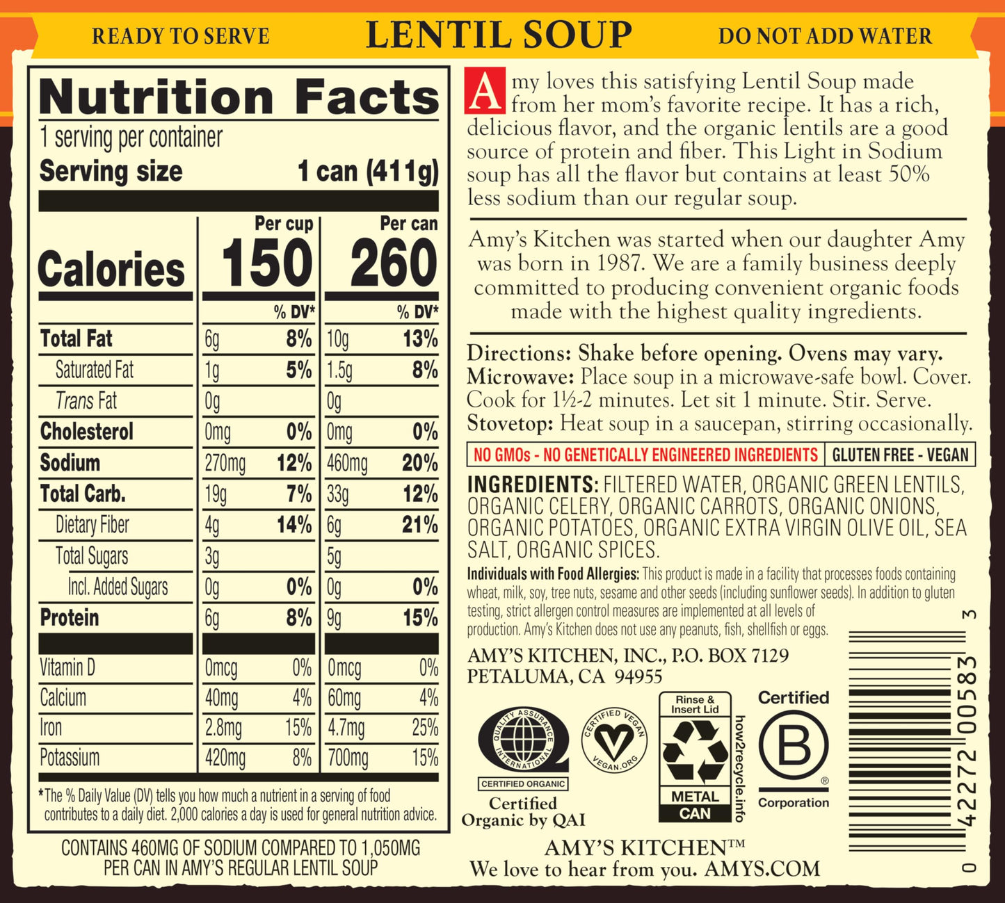 Amys Soup  Vegan Lentil Soup  Light in Sodium  Gluten Free  Made With Organic Green Lentils and Vegetables  Canned Soup  14.5 Oz