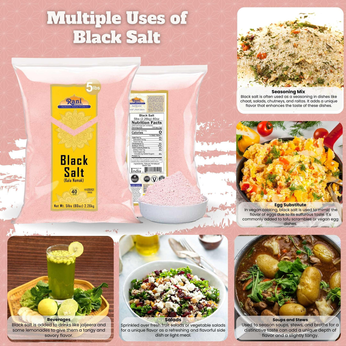 Rani Black Salt Powder (Kala Namak) Mineral 80oz (5lbs) 2.27kg Bulk ~ Unrefined, Pure and Natural | Vegan | Gluten Friendly | NO