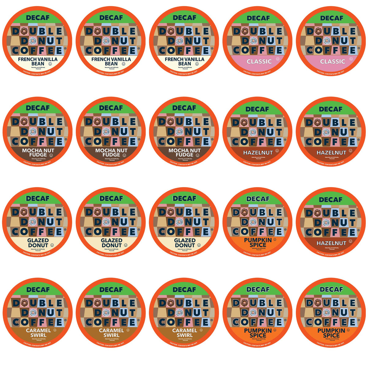 Double Donut Coffee Decaf Flavored Coffee Single Serve Cups For Keurig K Cup Brewer Variety Pack Sampler, 20Count
