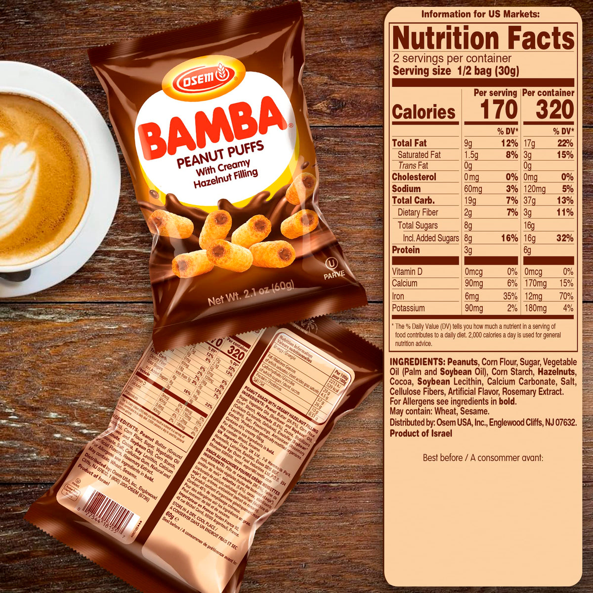 Osem Bamba Hazelnut Cream Peanut Butter Snacks, All Natural, 2.1oz Bag (Pack of 6)
