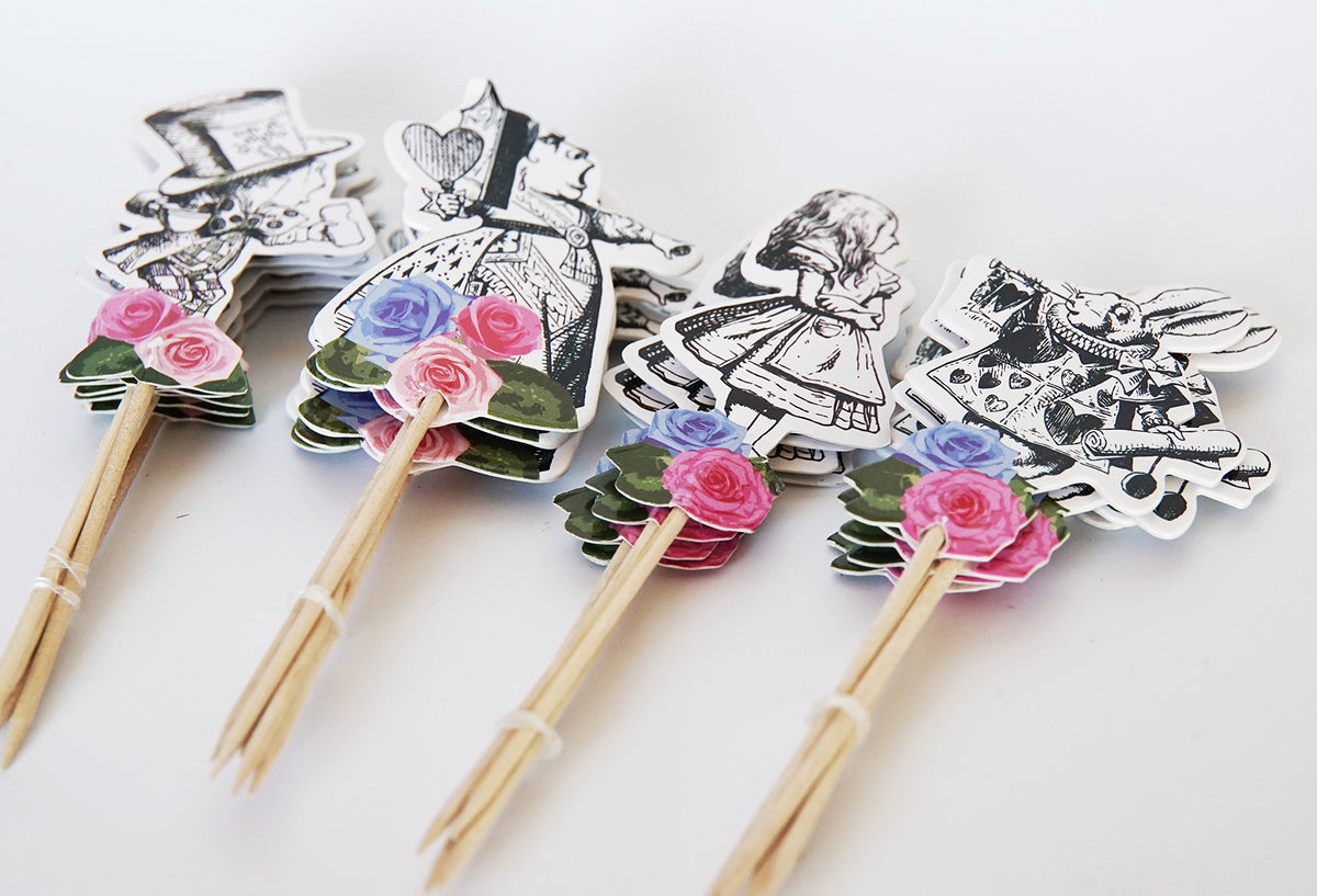 24 Vintage Alice in Wonderland Cupcake Toppers and Wrappers Set - Whimsical Party Picks and wraps for Tea Parties, Birthdays, an