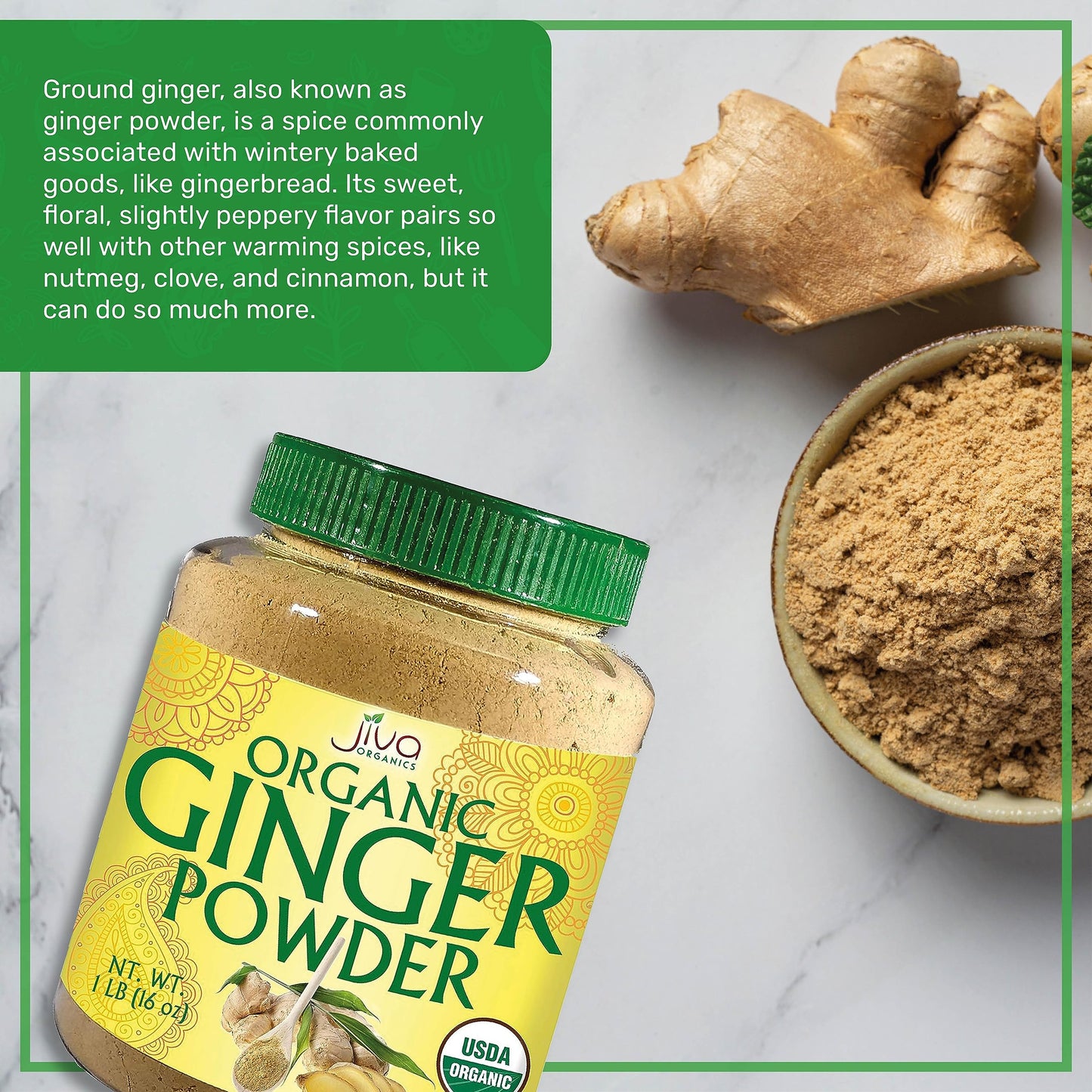 Jiva Organics Organic Ginger Root Powder, 1 LB Bulk - Non-GMO - for Cooking, Baking, Tea & More