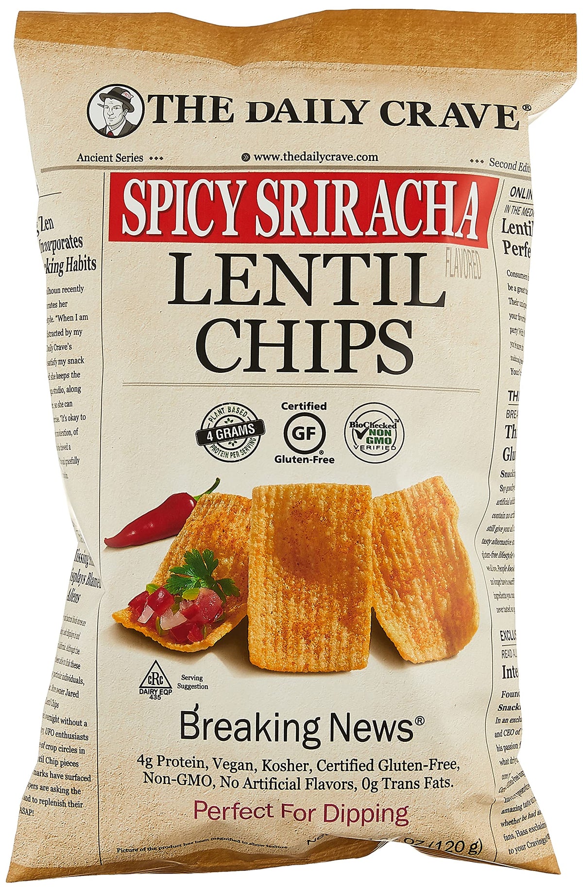 The Daily Crave Lentil Chips, Spicy Sriracha, 5 Ounce, Yellow