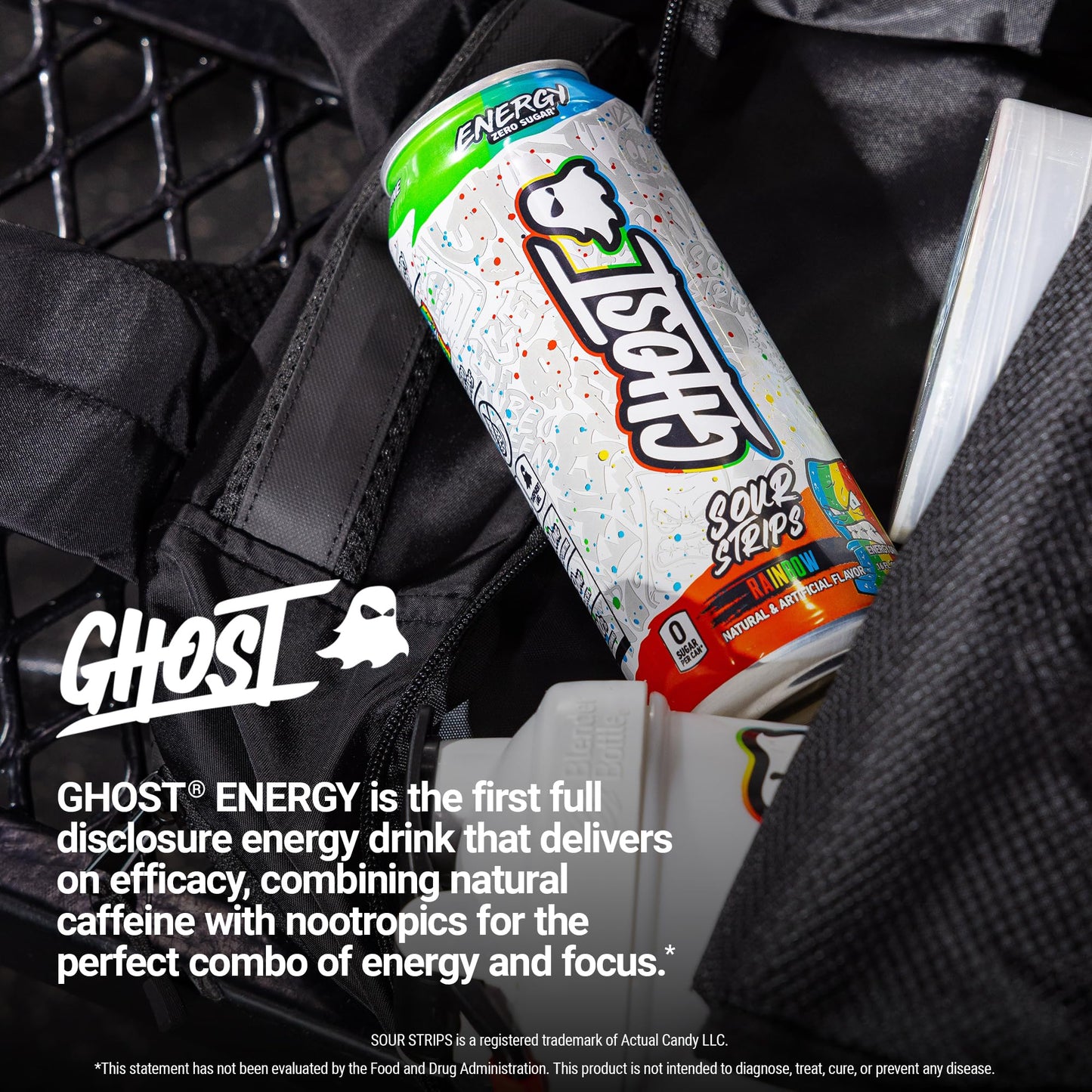 GHOST Energy Drink - 12-Pack  Sour Strips Rainbow  16oz Cans - Energy & Focus & No Artificial Colors - 200mg of Natural Caffeine  L-Carnitine & Taurine - Gluten-Free & Vegan