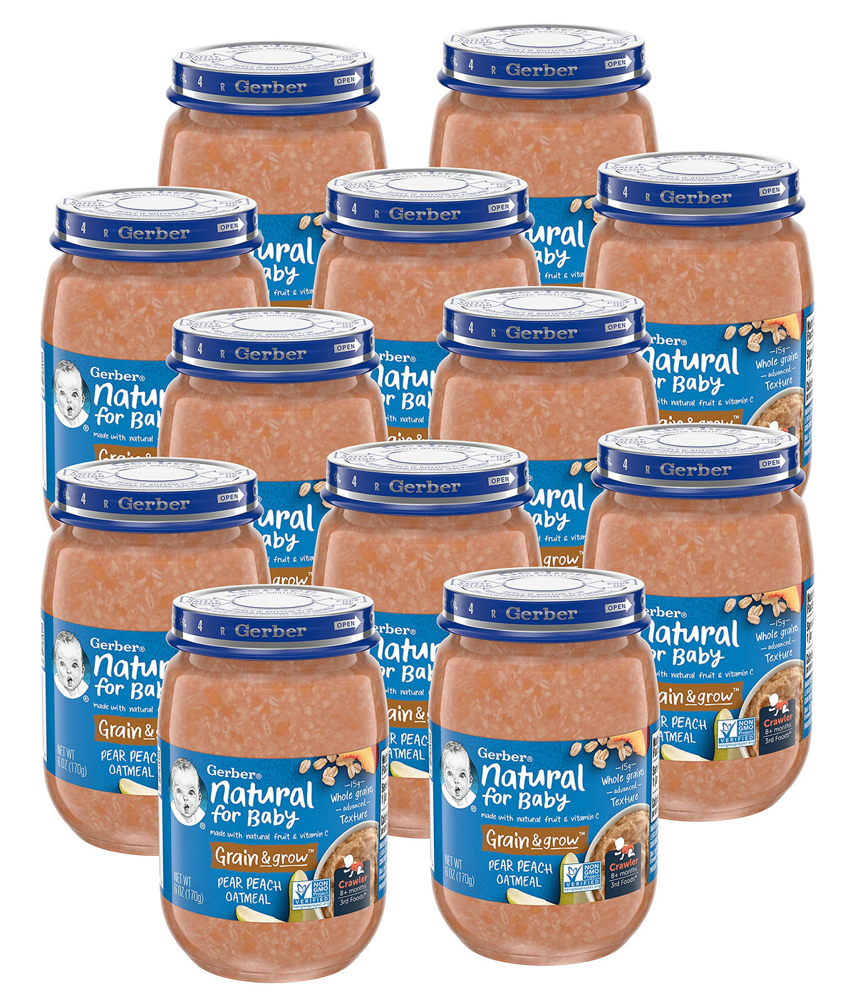 Gerber 3Rd Foods Natural For Baby Grain & Grow Baby Food Jar, Pear Peach Oatmeal, Made With Natural Fruit & Vitamin C With Advan