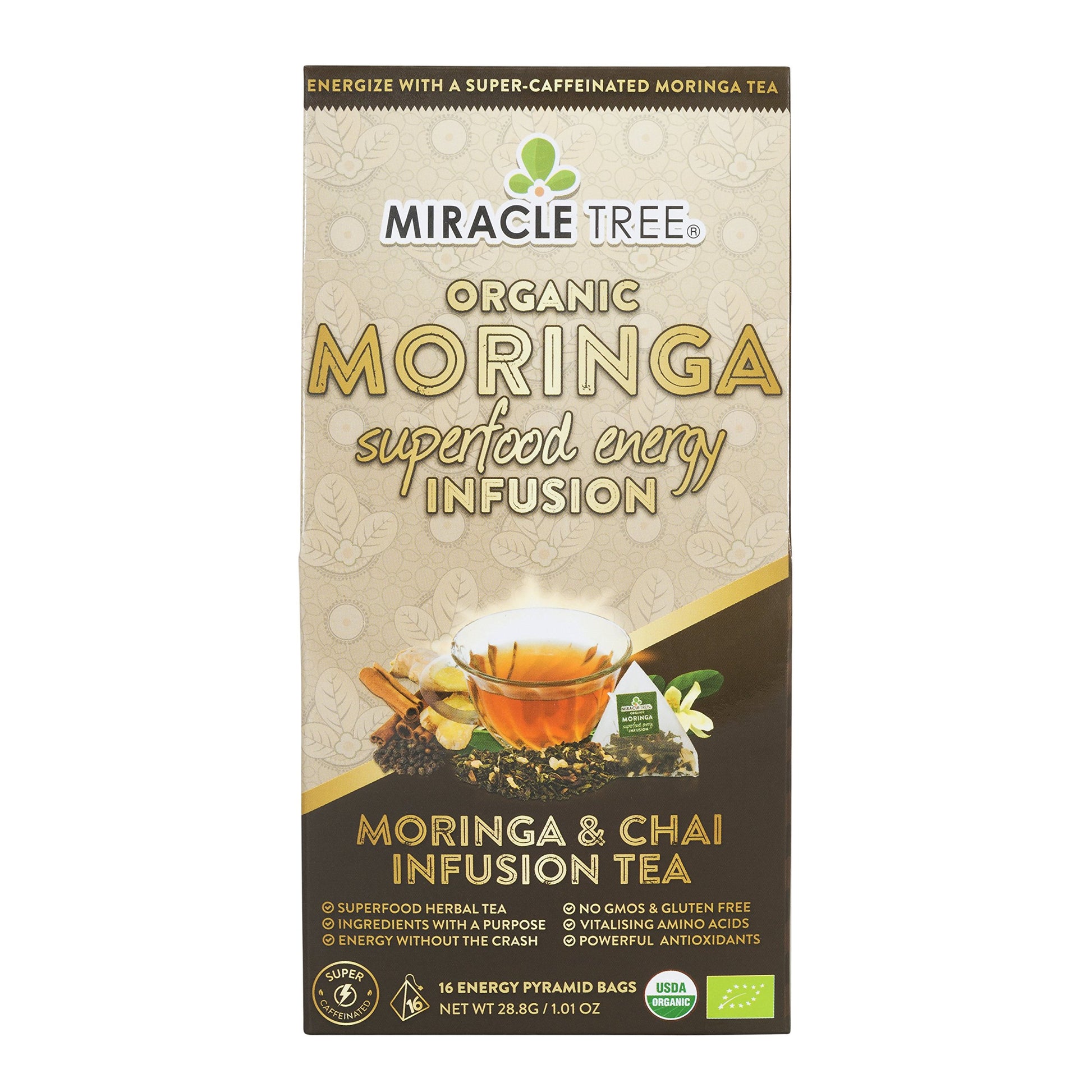 Miracle Tree Energizing Moringa Infusion Chai, Organic & Non-GMO, 16 Count Pyramid Sachets