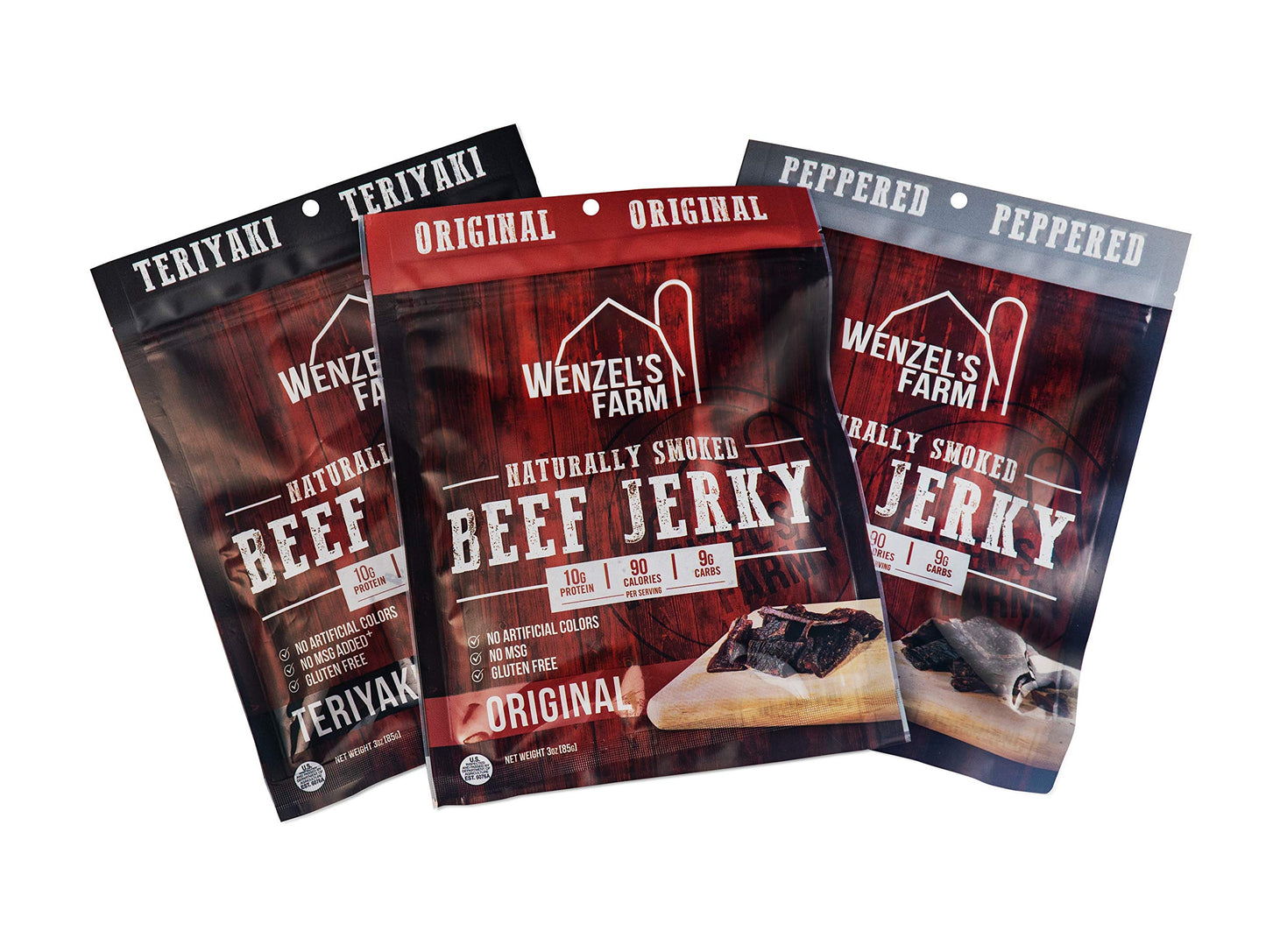 Wenzels Farm Beef Jerky Variety Pack - Includes Original, Teriyaki, And Peppered Beef Jerky - Naturally Smoked - No Msg - No Artificial Colors, Gluten Free - Pack Of 3, 3 Oz Bags