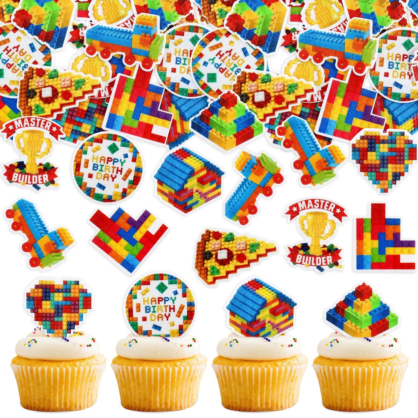 40Pcs Edible Building Blocks Cupcake Toppers Edible Brick Birthday Cupcake Picks For Building Toys Baby Shower Boys Girls Birthday Cupcake Decorations Kids Intellectual Ame Party Supplies