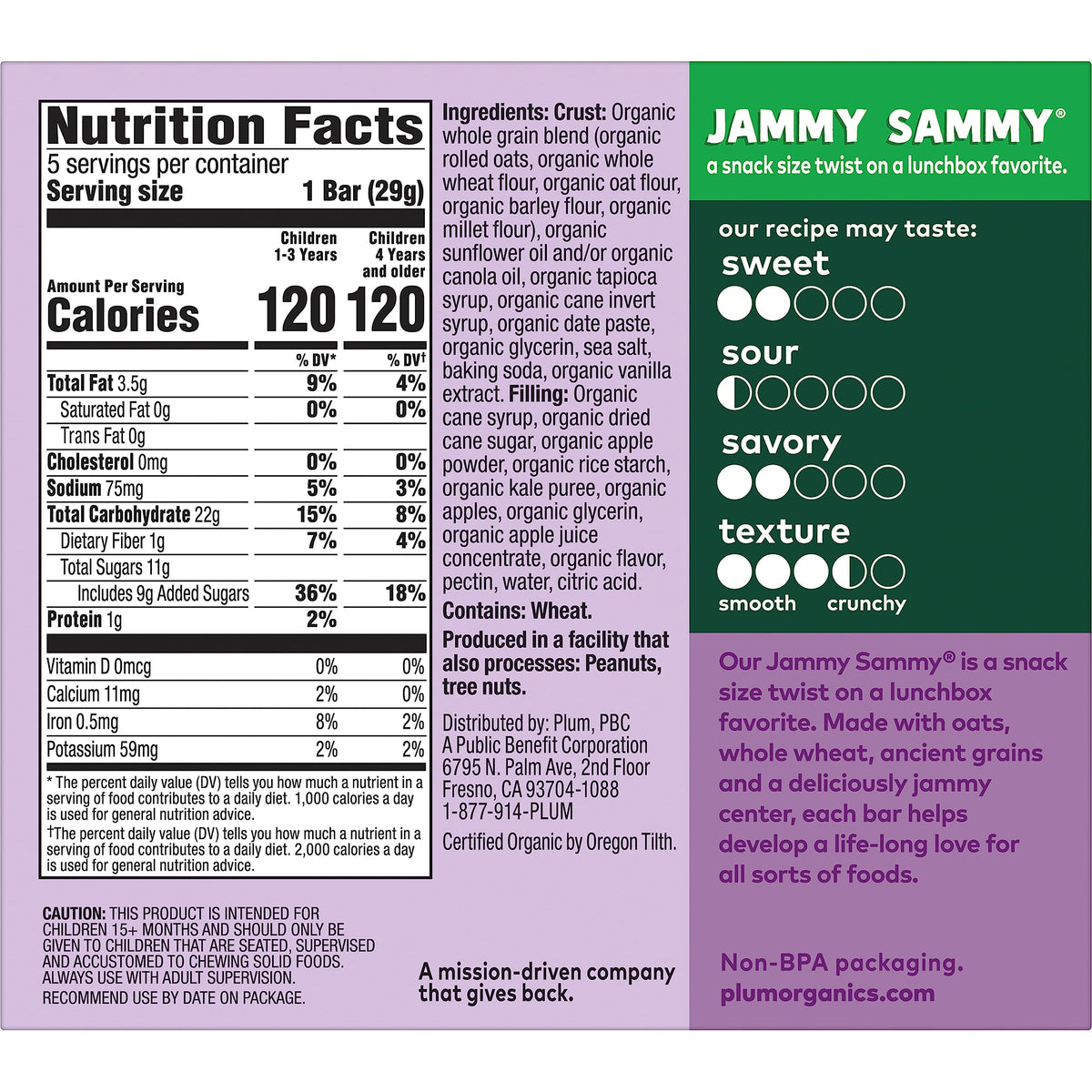 Plum Organics Jammy Sammy Snack Bars - Apple, Kale, and Oatmeal - 1.02 oz Bars (Pack of 30) - Organic Toddler Food Snack Bars