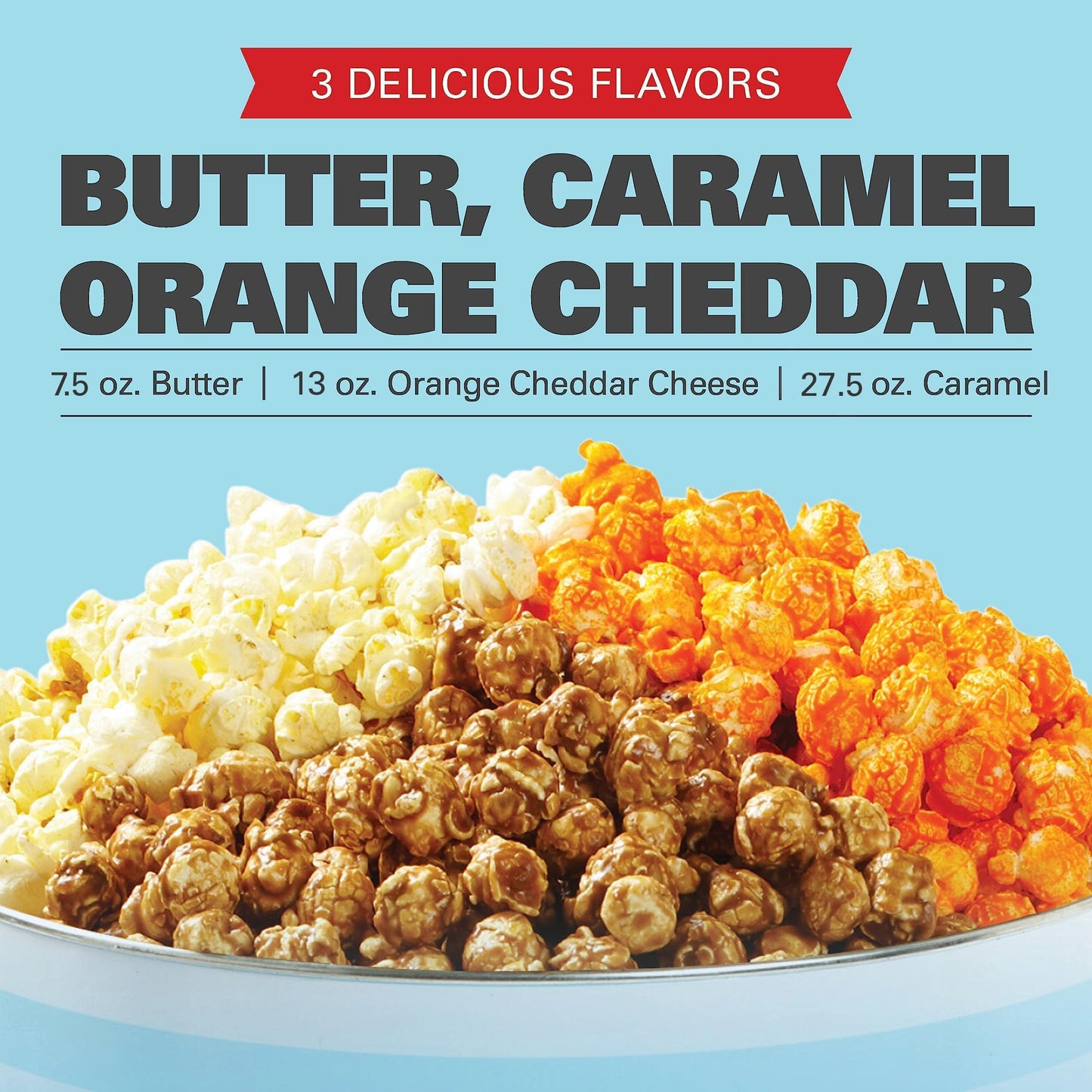 3 Flavor, 3.5 Gallon Gourmet Popcorn Tin, Butter, Caramel & Orange Cheddar Cheese, Snack Gifts, Popcorn Lovers, Movie Night Snac