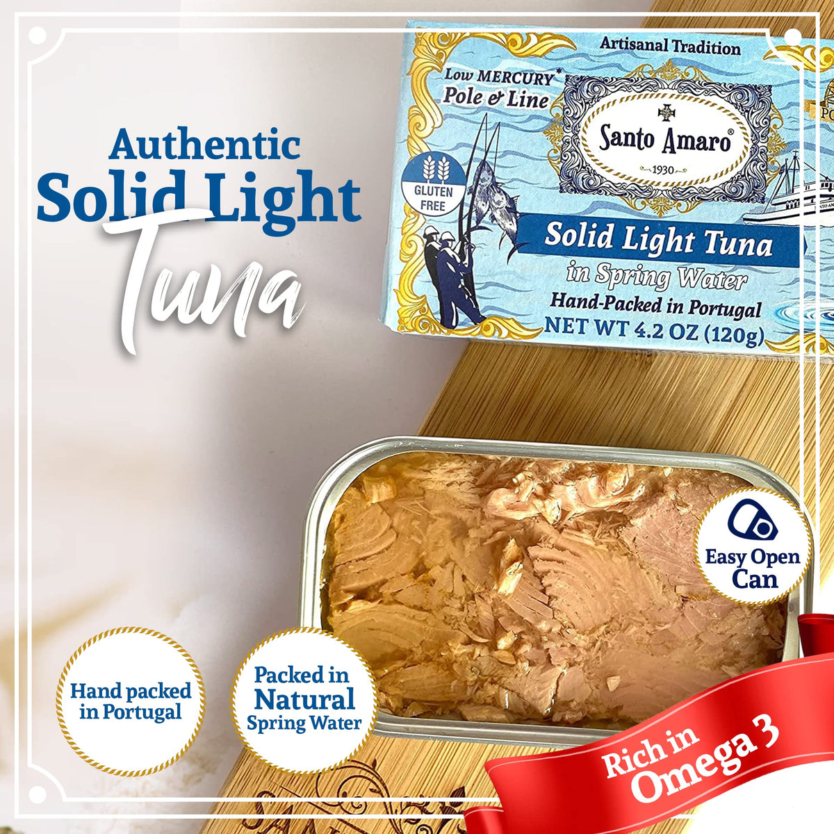 Santo Amaro Artisanal Wild Tuna - Pole & Line Caught, 24g Protein, 90 Calories, 4.2 Ounce (Pack of 12)