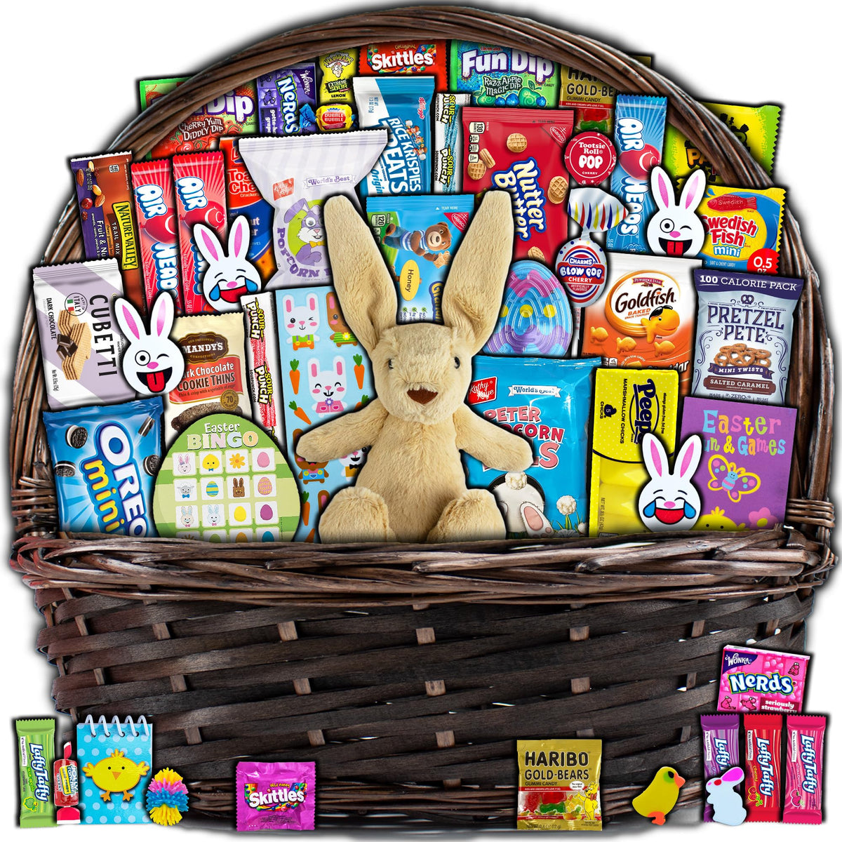 CRAVEBOX Brown Easter Basket - 45ct Filled with Plush Bunny, Candy, Snacks, Treats for Kids and Adults