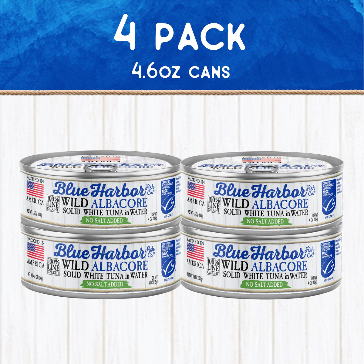 Blue Harbor Fish Co. Wild Albacore Tuna in Water, No Salt Added, 4.6 oz Can, Pack of 4