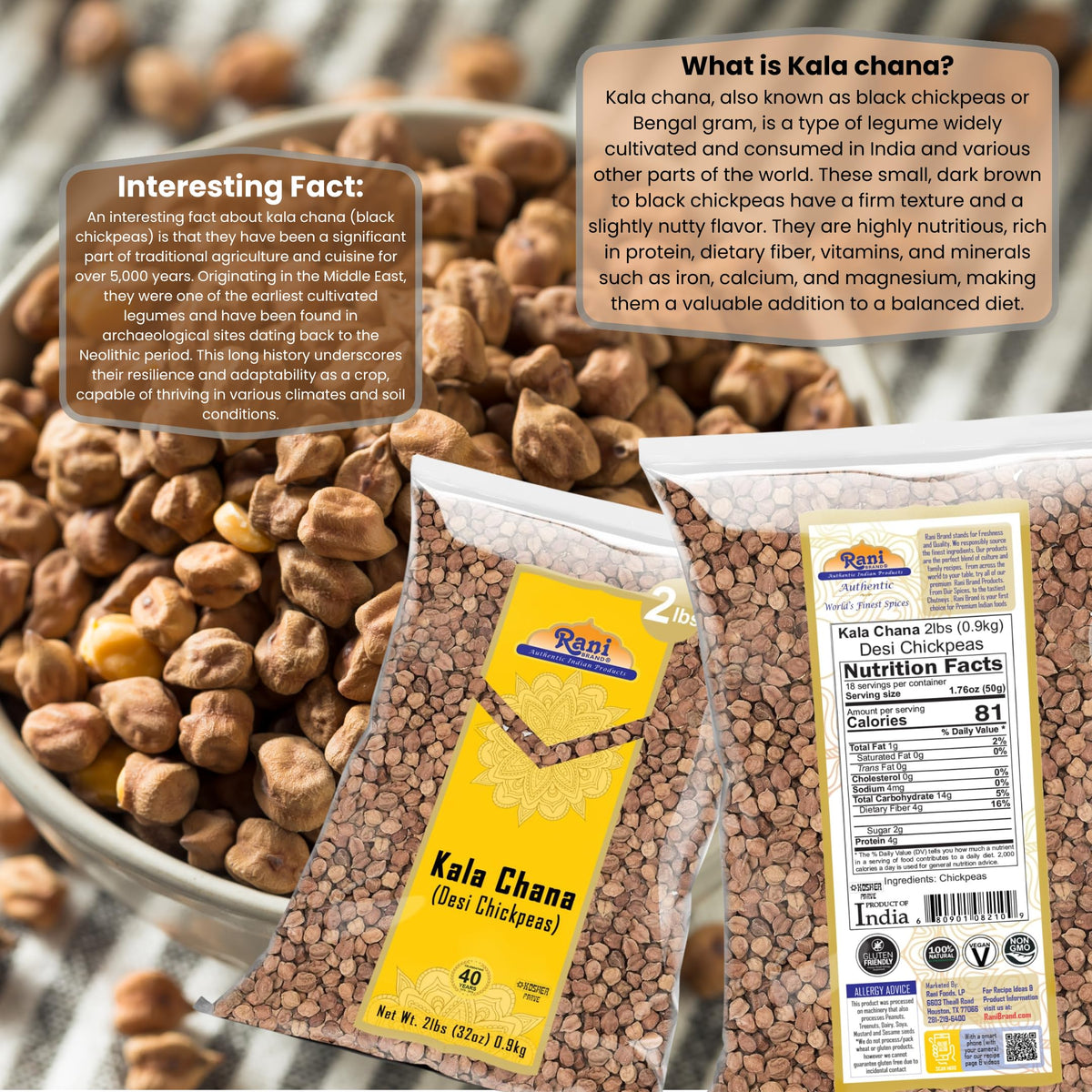 Rani Kala Chana (Desi Chickpeas Chana With Skin) 32Oz (2Lbs) 908G ~ All Natural | Gluten Friendly | Non-Gmo | Kosher | Vegan | I