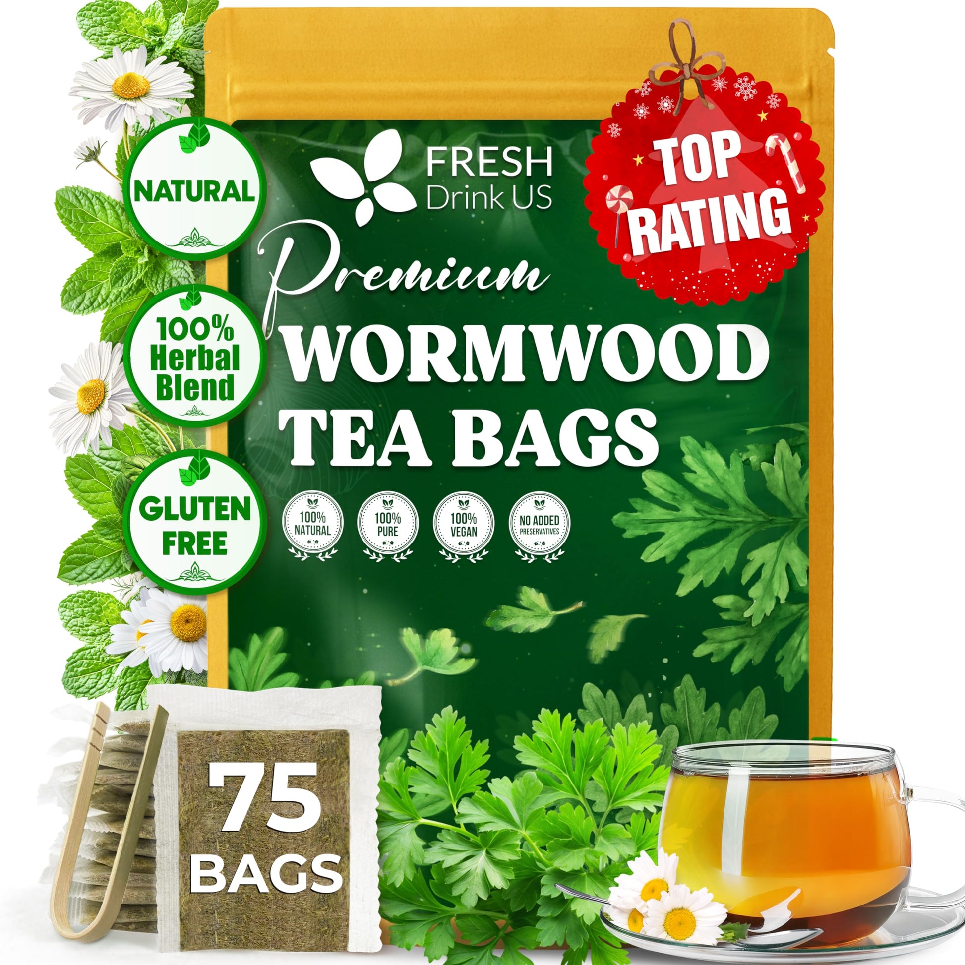 Freshdrinkus  Top-Grade Wormwood Tea - 75 Tea Bags - Handcrafted Herbal Blend  Energy Blend-Free - Smooth Taste & Naturally Refreshing.