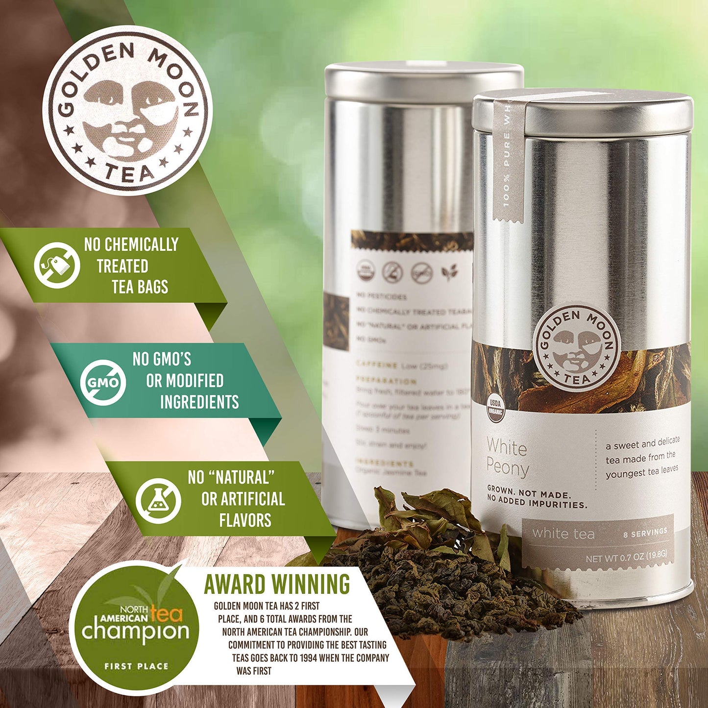 Golden Moon Tea Organic White Peony Loose Leaf Tea - 0.7 Ounce Travel Tin - Non-GMO, Chinese Bai Mudan Leaves