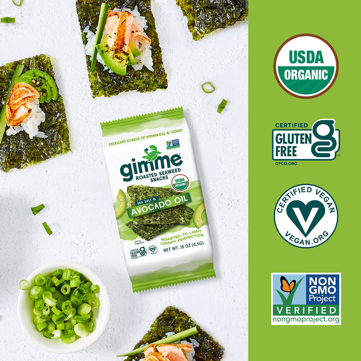 Gimme Seaweed - Sea Salt & Avocado Oil - 6 Count - Organic Roasted Seaweed Sheets - Keto, Vegan, Gluten Free - Great Source Of I