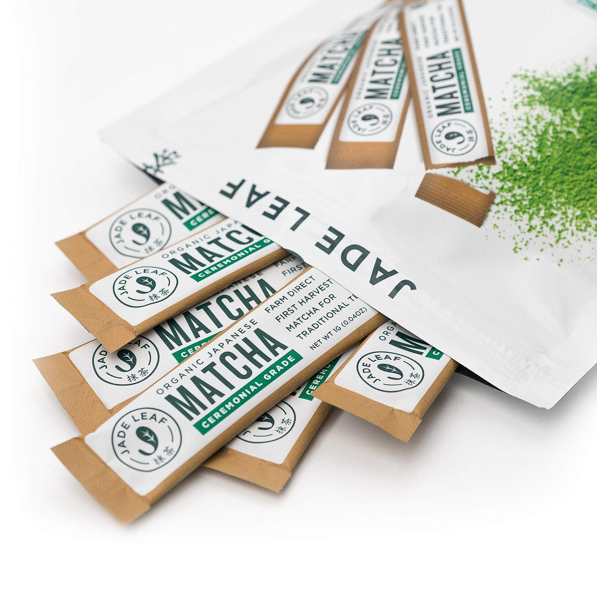 Jade Leaf Matcha Organic Ceremonial Grade Green Tea Powder - Farm Direct First Harvest - Single Serve Stick Packs - Authentic Japanese Origin (100 Count Single Serve Stick Pack Box)