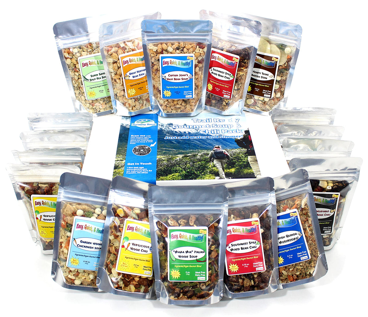 Harmony House Trail Ready Gourmet Soup And Chili Pack – 18 Count Variety Pack, Resealable Zip Pouches, For Cooking, Camping, Emergency Supply And More