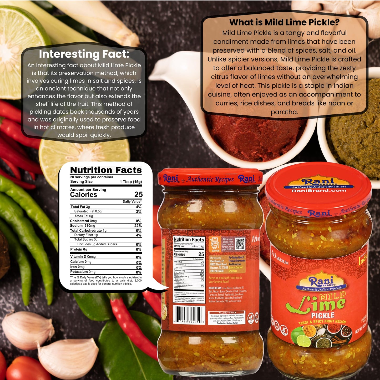 Rani Lime Pickle Mild Achar - Vegan, Gluten Free, Non-GMO, Kosher, 10.5oz (300g) Glass Jar