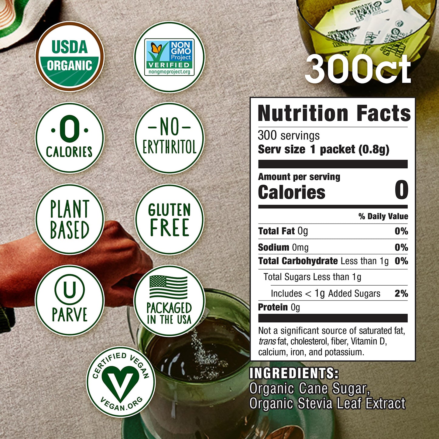 IN THE RAW Organic Stevia Sweetener Packets, 300 Ct, Zero Calorie, Non-GMO, Vegan, 8.46 oz - No Erythritol or Artificial Flavors