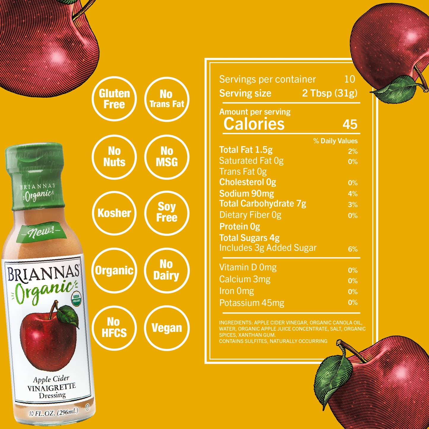 Briannas - Organic Apple Cider Vinaigrette Dressing - Certified Kosher & Organic Salad Dressing Made With Enhanced Ingredients - 10 Oz. Bottles - 6 Pack