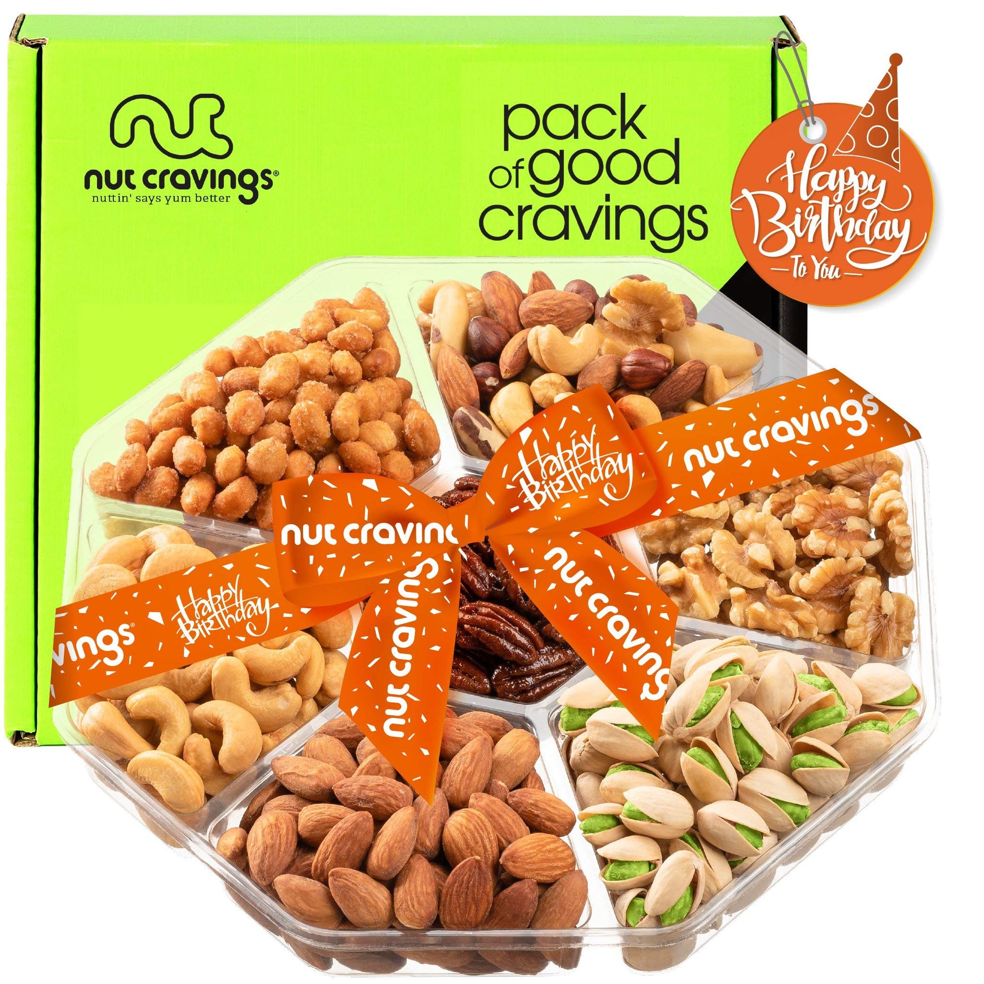 Happy Birthday Nuts Gift Basket With Happy Birthday Ribbon (7 Assortments) Gourmet Food Bouquet Platter, Bday Care Package Varie