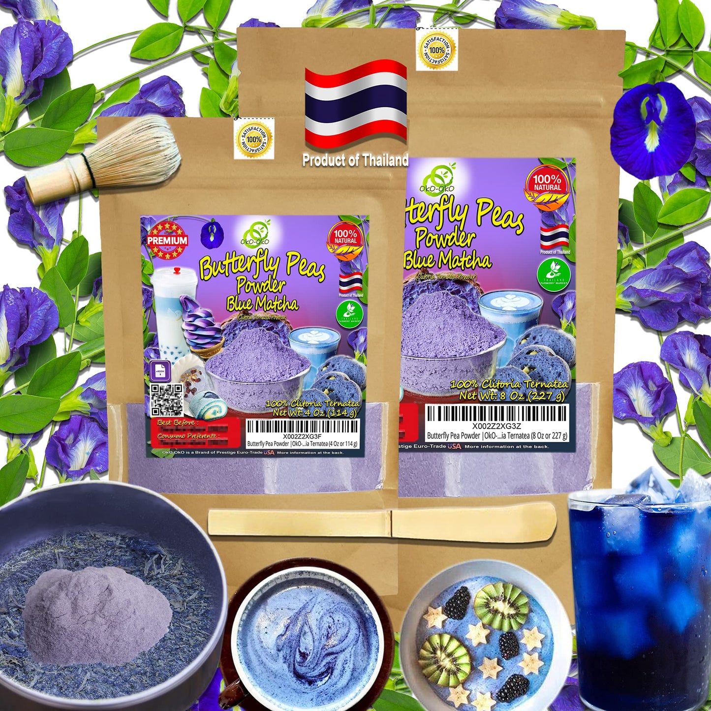 oko-oko Blue Matcha Butterfly Pea Powder 8 Oz - 100% Natural, Organic Vegan Food Coloring