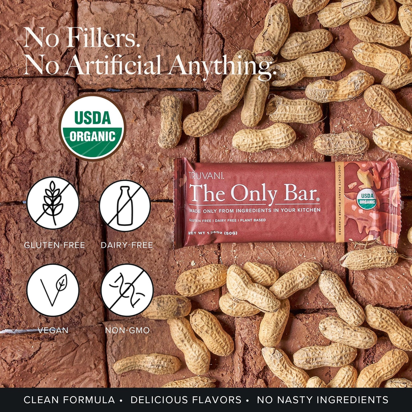 Truvani Plant Based Snack Bar | Chocolate Peanut Butter 12 Pack | 7g Protein | USDA Organic and Vegan | The Only Bar | Dairy, So