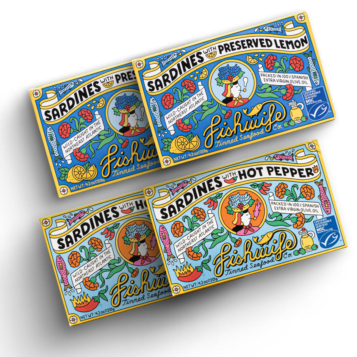 Fishwife Sardine Quad 4-Pack (2x Sardines with Lemon, 2x Sardines with Hot Pepper) | Wild-Caught & Hand-Packed with Spanish Extr