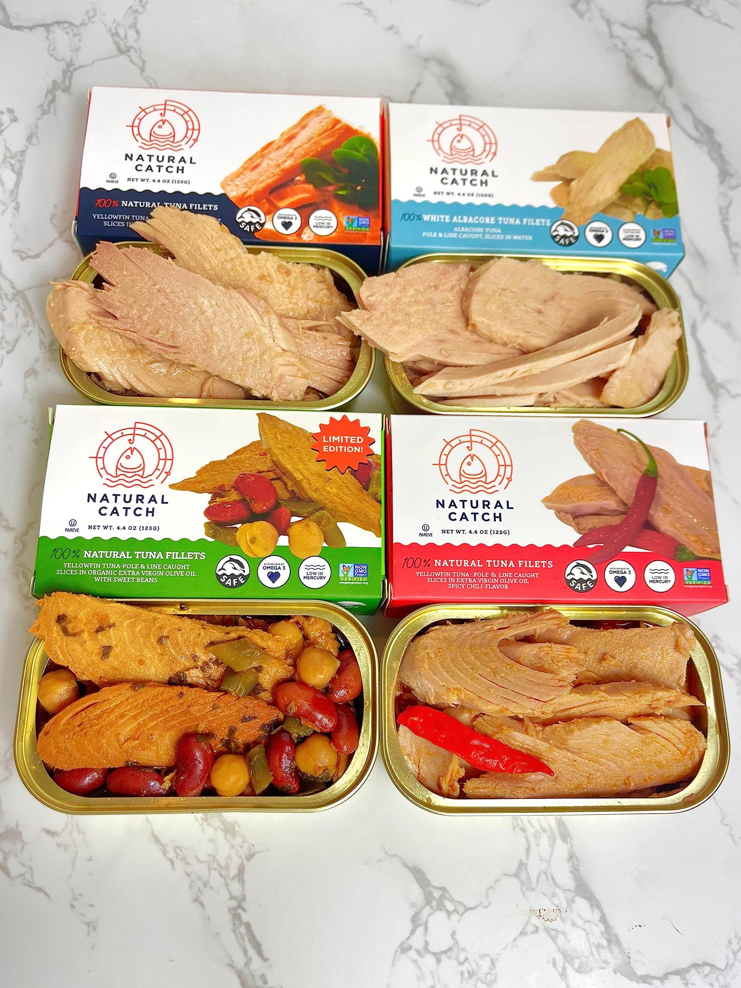 Natural Catch Tuna Filets Variety Pack  Hand Cut  Pole & Line Caught  130 Calories Gluten-Free  Paleo  Keto Friendly  enhanced Yellowfin & Albacore Tuna in Extra Virgin Olive Oil (4.4 oz per can- Pack of 12) (Variety)