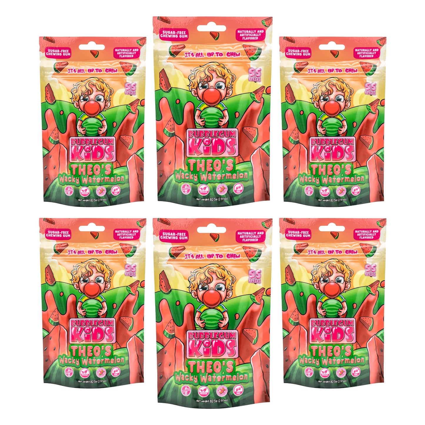 Bubblegum Kids Sugar Free Gum - Vegan Friendly Bubble Gum - Wacky Watermelon Flavor - 55 Count (Pack of 6)