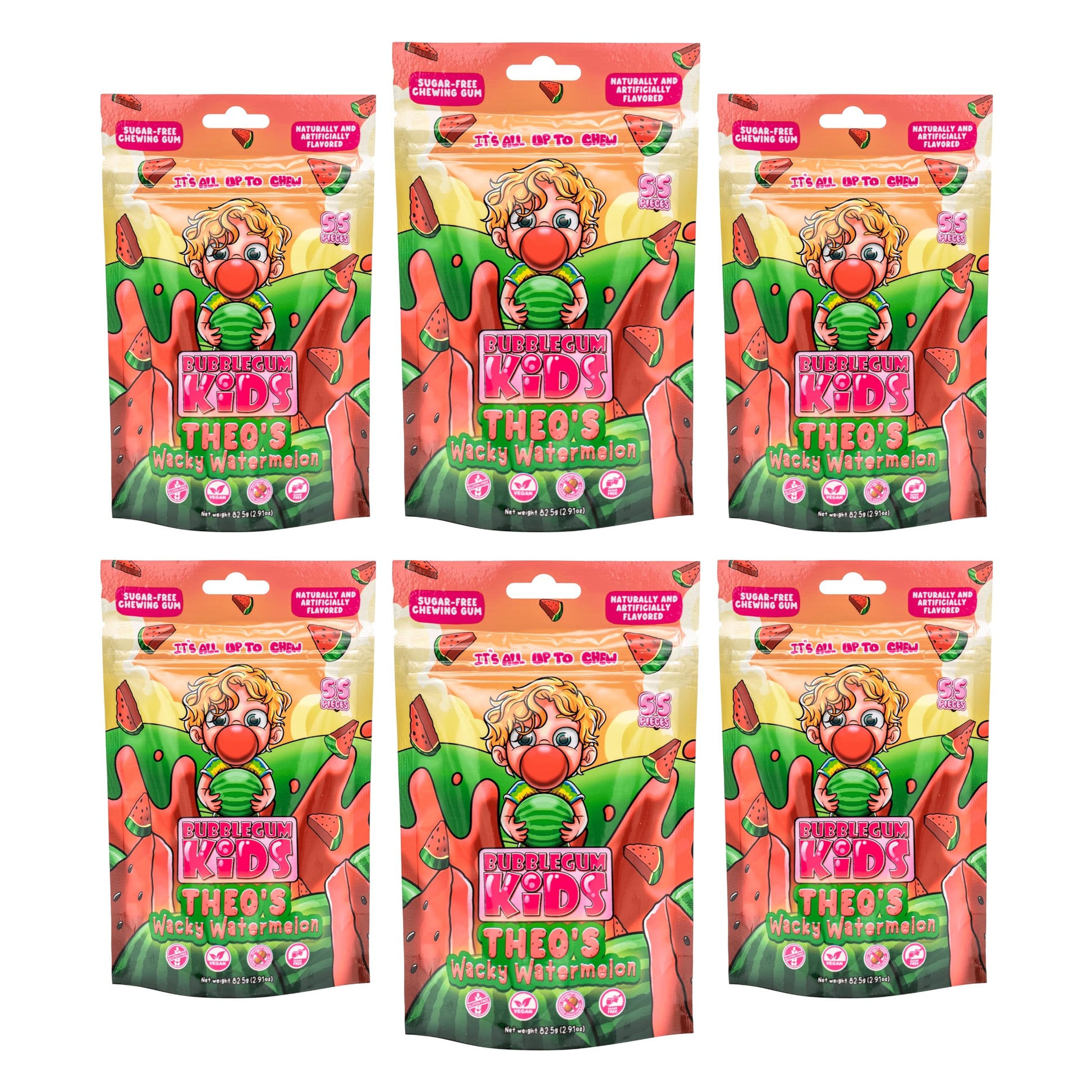 Bubblegum Kids Sugar Free Gum - Vegan Friendly Bubble Gum - Wacky Watermelon Flavor - 55 Count (Pack of 6)
