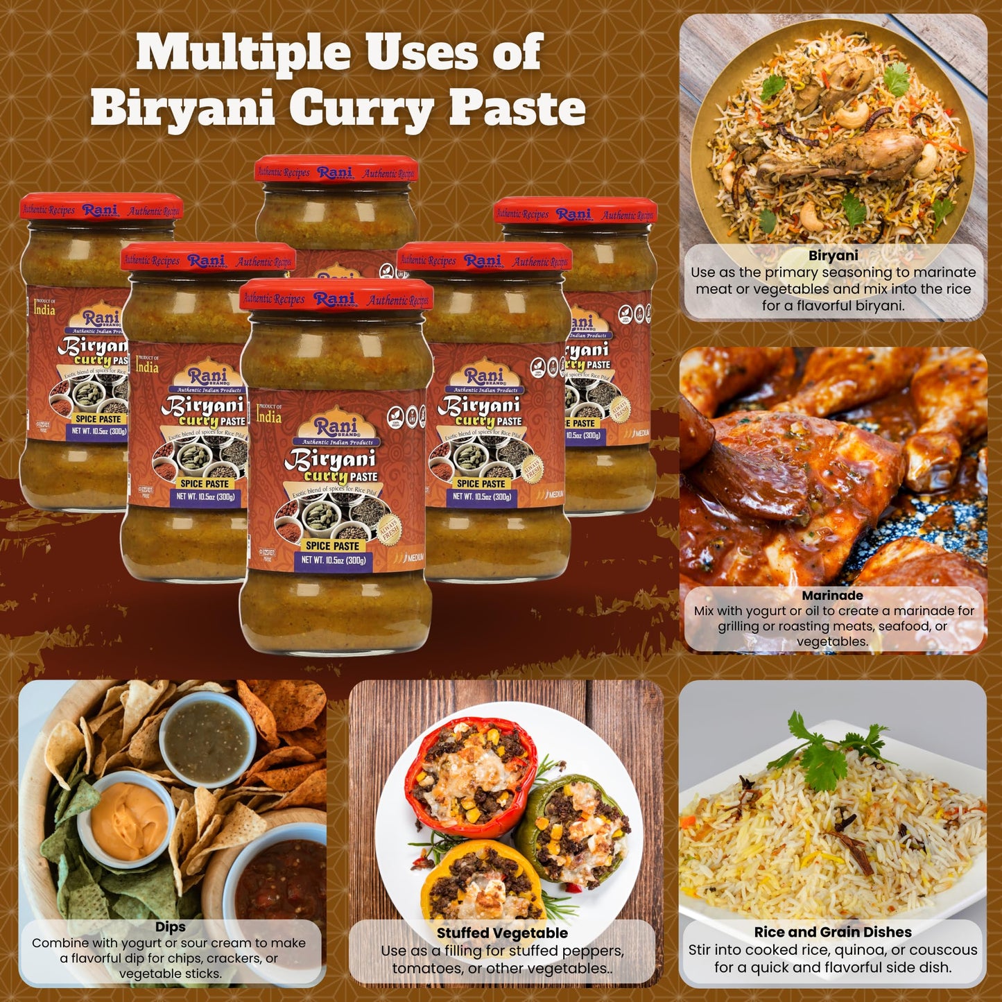 Rani Biryani Masala Curry Paste (Cooking Spice Paste For Indian Rice Dishes, Pullao/Pilau) 10.5Oz (300G) Glass Jar, Pack Of 5+1 Free ~ All Natural | Vegan | No Colors | Gluten Free | Non-Gmo