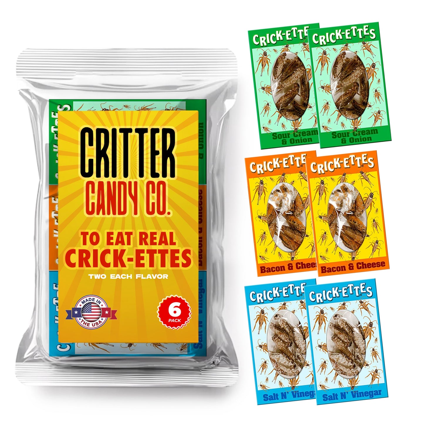 Hotlix Crick-Ettes Edible Bugs (6-Pack) | Salt N Vinegar, Bacon & Cheese, Sour Cream & Onion | Dried Crickets To Eat | Weird Snacks For Humans & Pets | Edible Crickets For Parties & Exotic Snacks