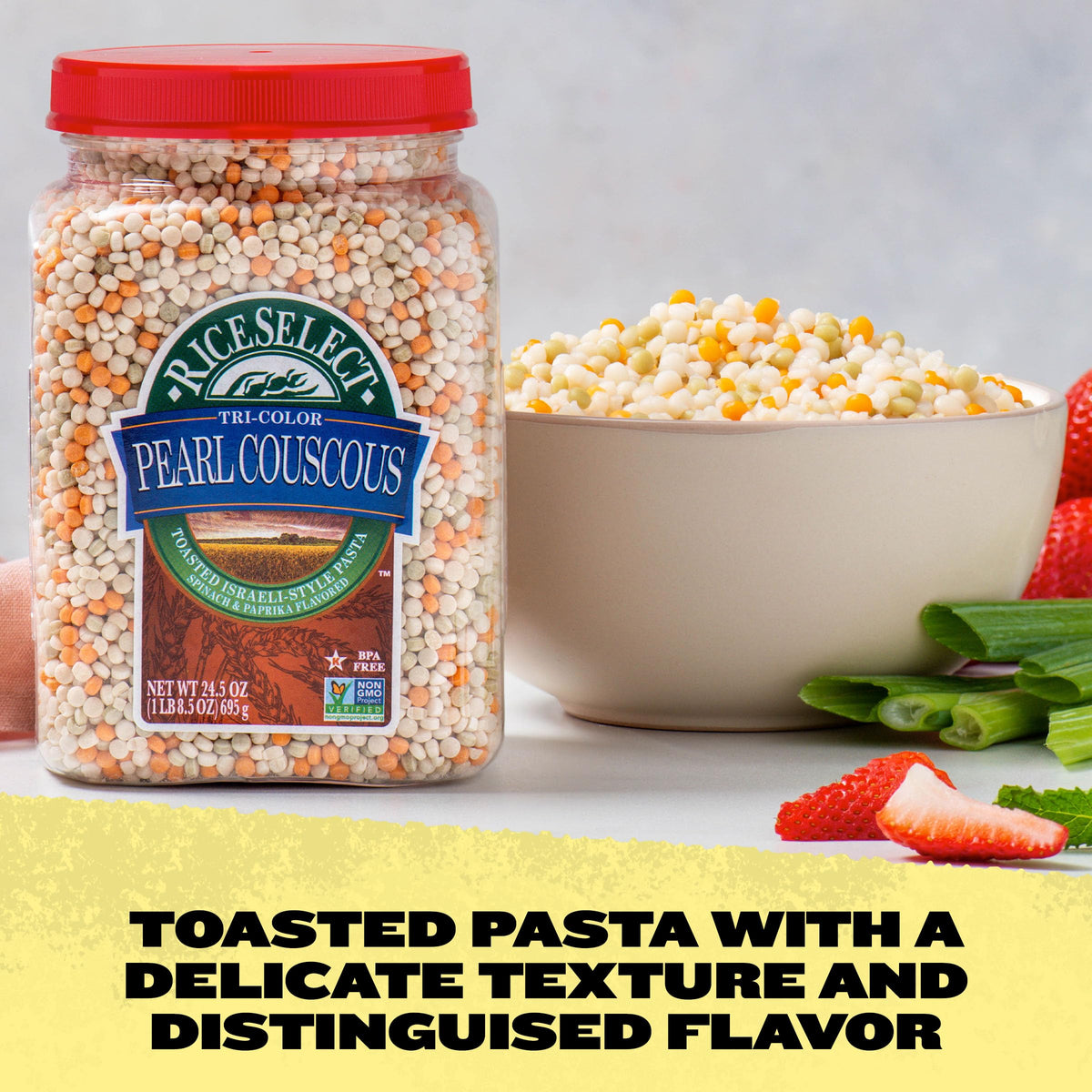 RiceSelect Tri-Color Pearl Couscous, Toasted Israeli Pasta, Spinach & Paprika, 24.5 oz Jar (Pack of 1)