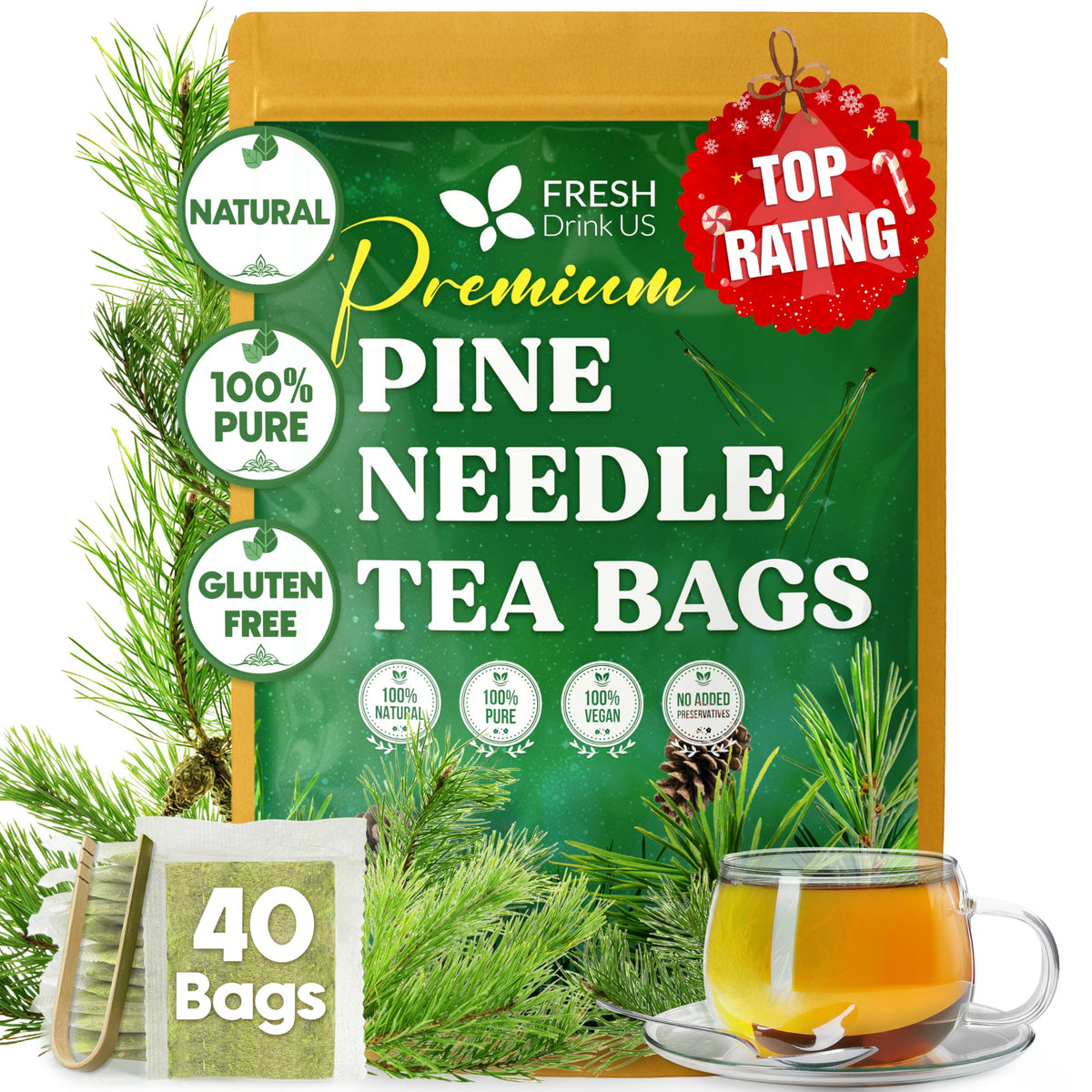 Freshdrinkus  Pine Needle Tea Bags - 40 Tea Bags  Naturally Energy Blend-Free  Refreshing Herbal Tea  Wild-Harvested Pine Leaves  Aromatic And Soothing - Non-Gmo & Eco-Friendly Packaflavor Blendg