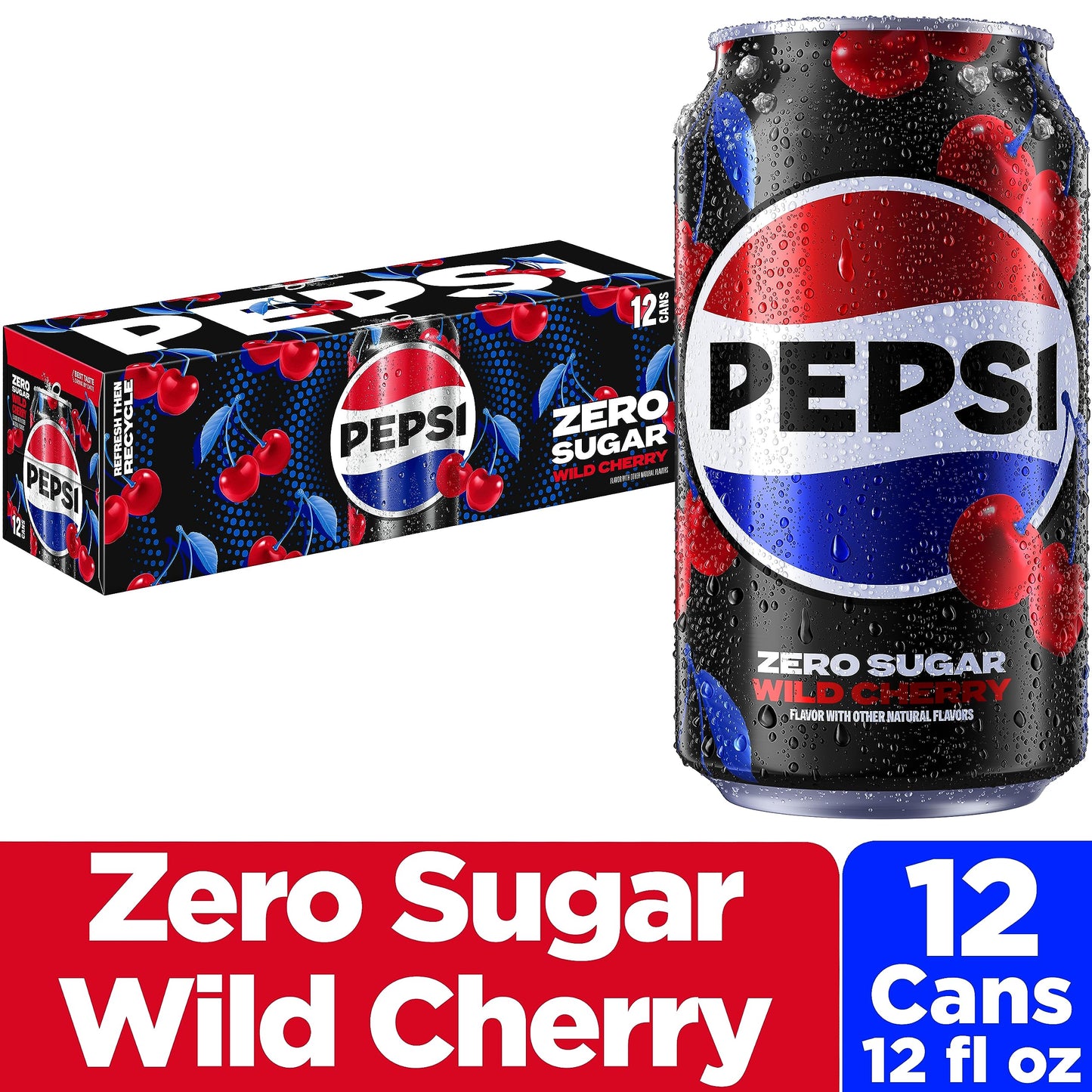 Pepsi Zero Sugar Cola Soda Pop, Wild Cherry, 12oz Cans (12 Pack)