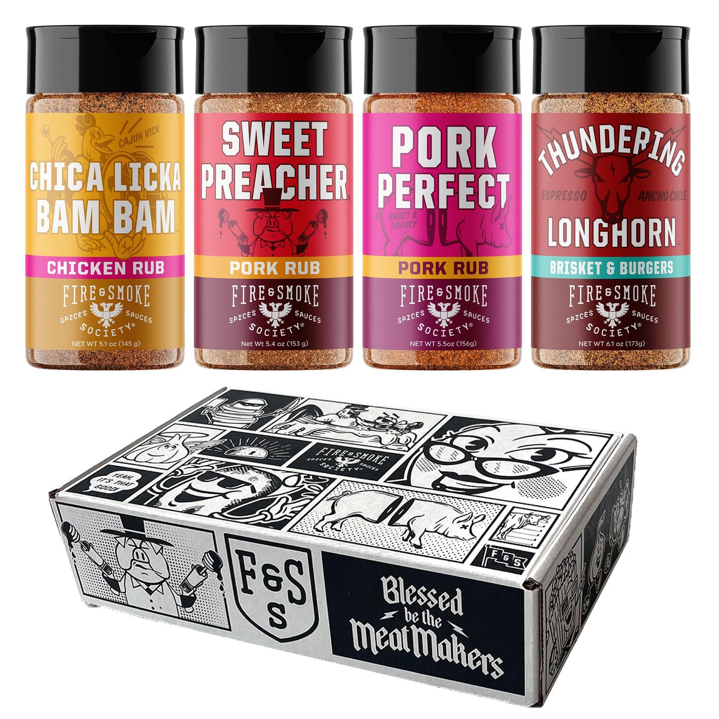 Fire & Smoke Society BBQ Rubs Variety Pack | 4-Pack, 6 Ounce Each | Ideal for Smoking and Grilling