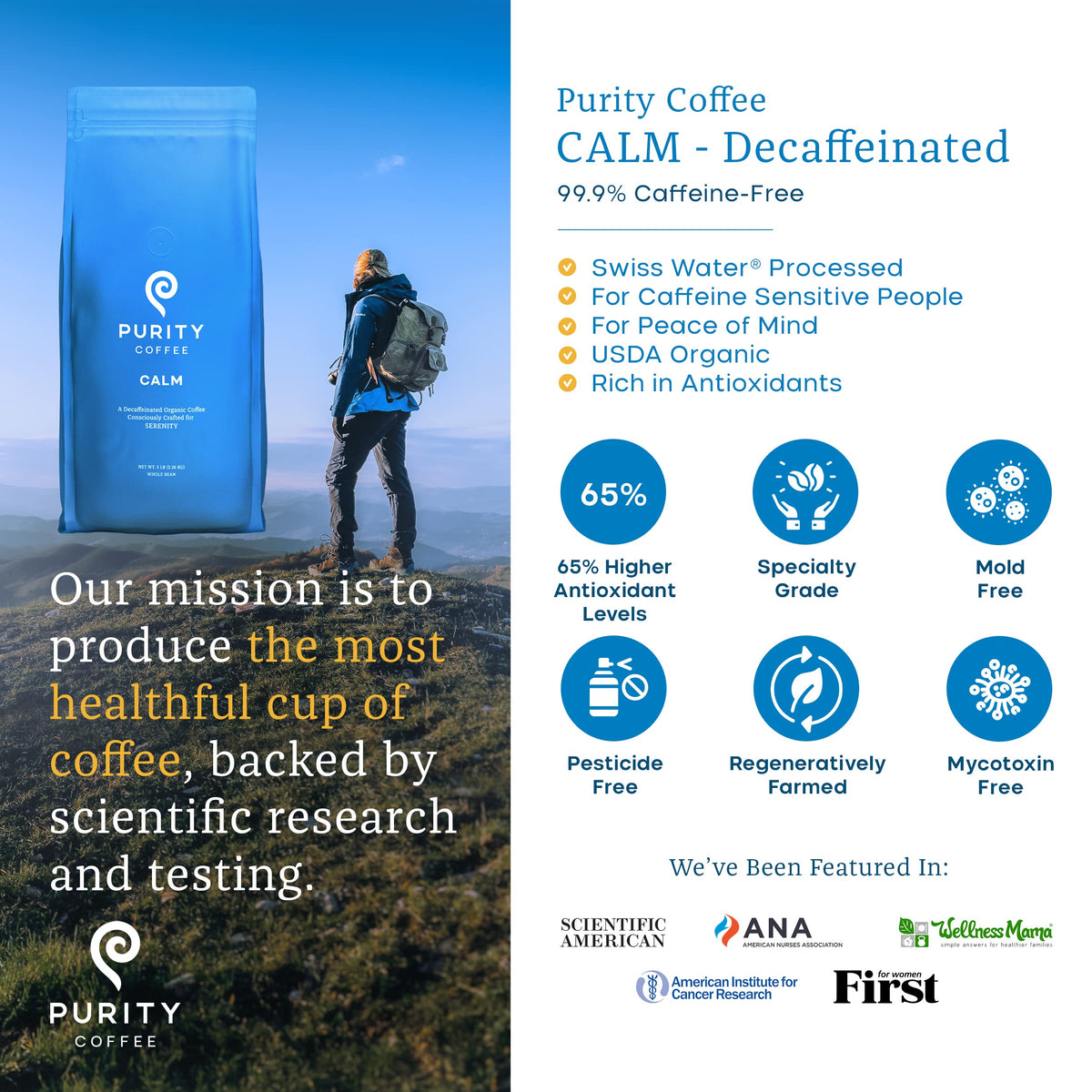Purity Coffee Calm Decaf Medium Roast Whole Beans - Usda Certified Organic Specialty Grade Arabica Swiss Water Processed Decaffe