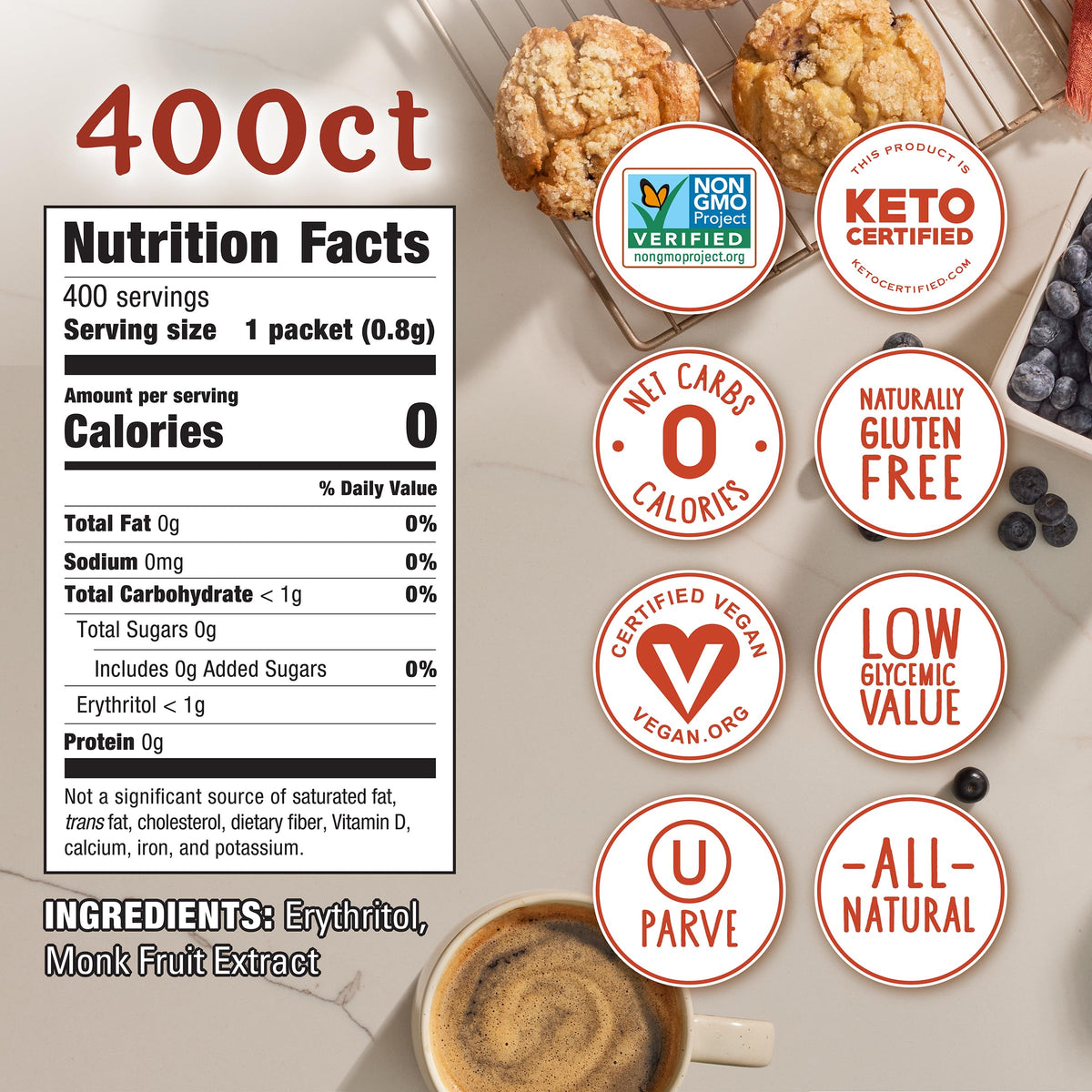 Monk Fruit In The Raw Sweetener Packets, 200 Ct Box, 2 Pack, Keto Certified Monk Fruit Sweetener Packets, Zero Calories, Zero Ne