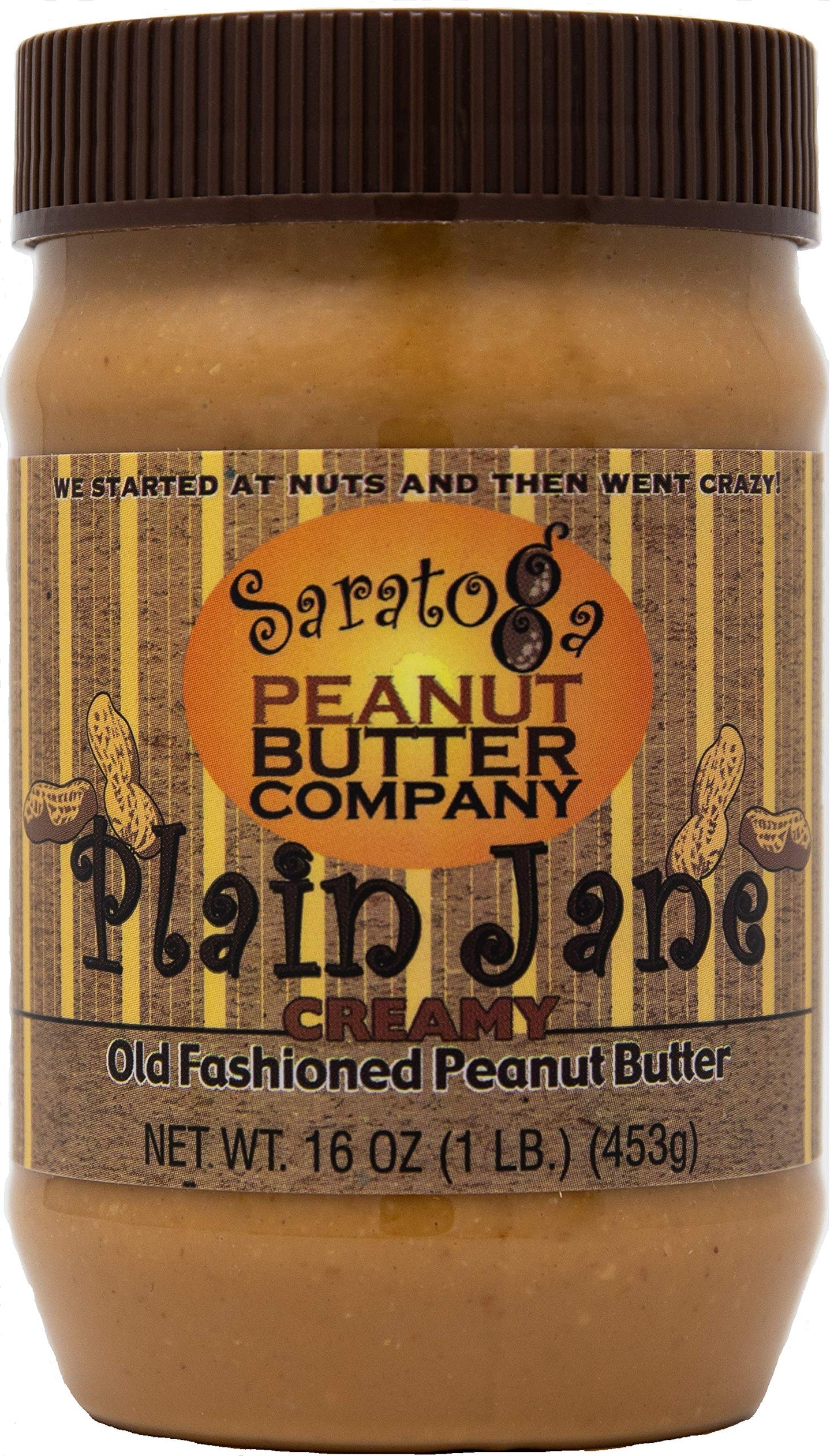 Saratoga Peanut Butter Company Plain Jane Creamy Peanut Butter, All Natural, 16 Oz, Vegan, Gluten Free, Low Sodium, Non GMO