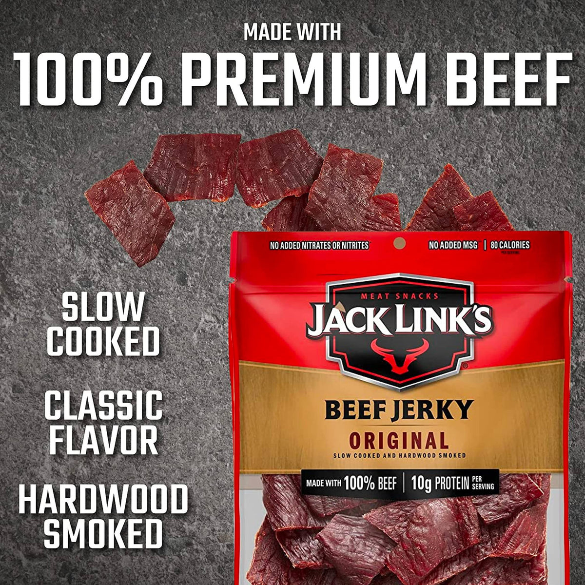 Jack Link'S Beef Jerky, Original - Flavorful Meat Snack For Break Rooms, 10G Protein And 80 Calories, Made With 100% Beef - No A