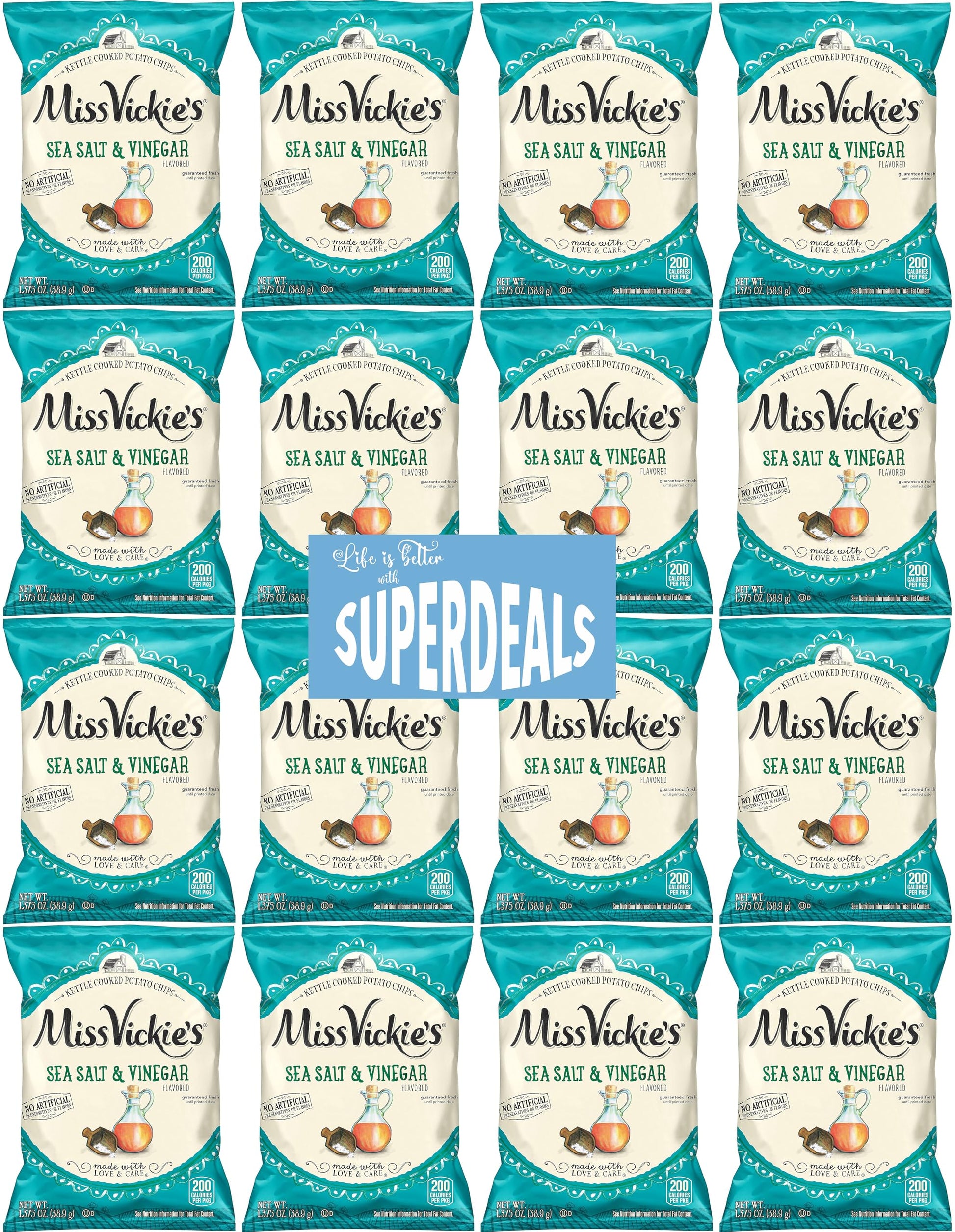Kettle Cooked Potato Chips By Miss Vickie'S Value Pack Bundled By Superdeals | 1.375 Oz Bag | Sea Salt & Vinegar | Pack Of 16 Wi
