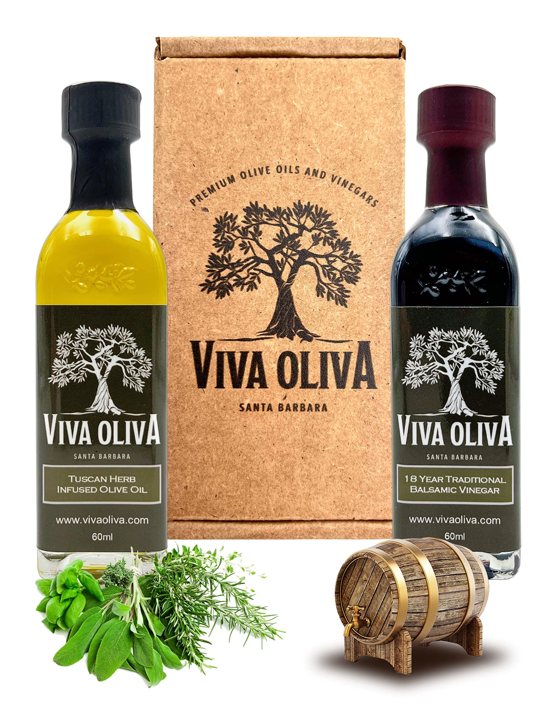 Viva Oliva Two 60ml Variety Gift Set - Tuscan Herb Olive Oil & Aged Balsamic Vinegar - 100% Natural