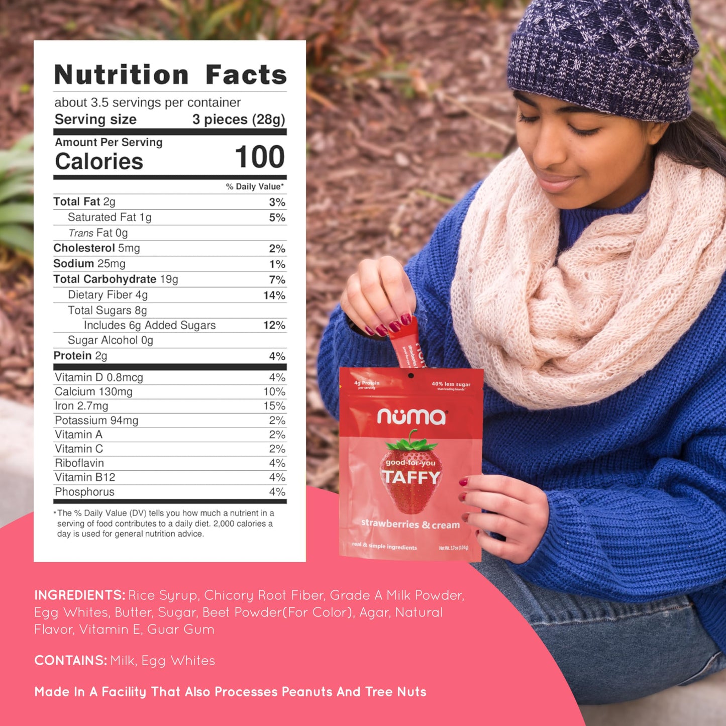 Numa Taffy Candy - Strawberries and Creme Made w Real & Simple Ingredients - Low Sugar, High Protein, Low Calorie, All Natural,